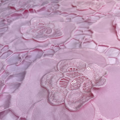Premium Pink 3D Floral Sequins Embroidery Schiffli Crepe Fabric