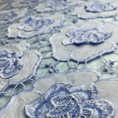 Premium Cornflower Blue 3D Floral Sequins Embroidery Schiffli Crepe Fabric