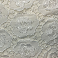 Premium White 3D Floral Sequins Embroidery Schiffli Crepe Fabric