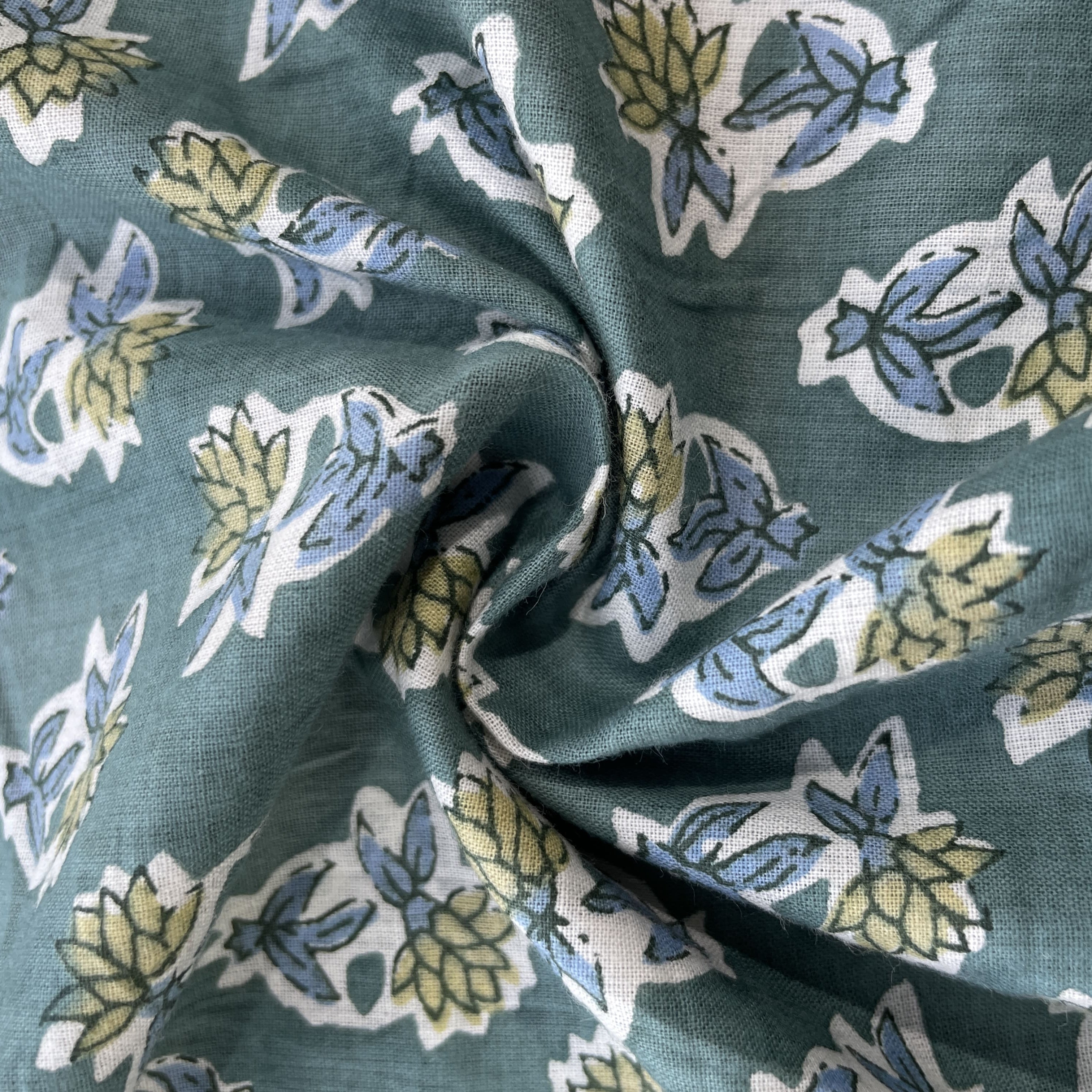 Green Floral Handblock Print Cotton Fabric 16243