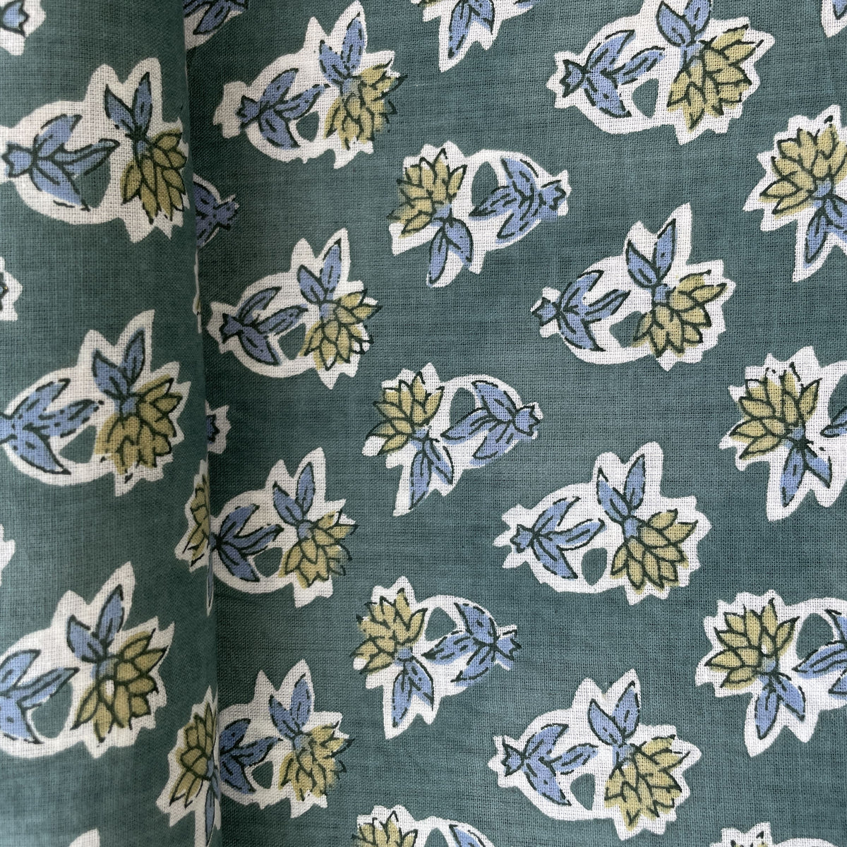 Green Floral Handblock Print Cotton Fabric 16243