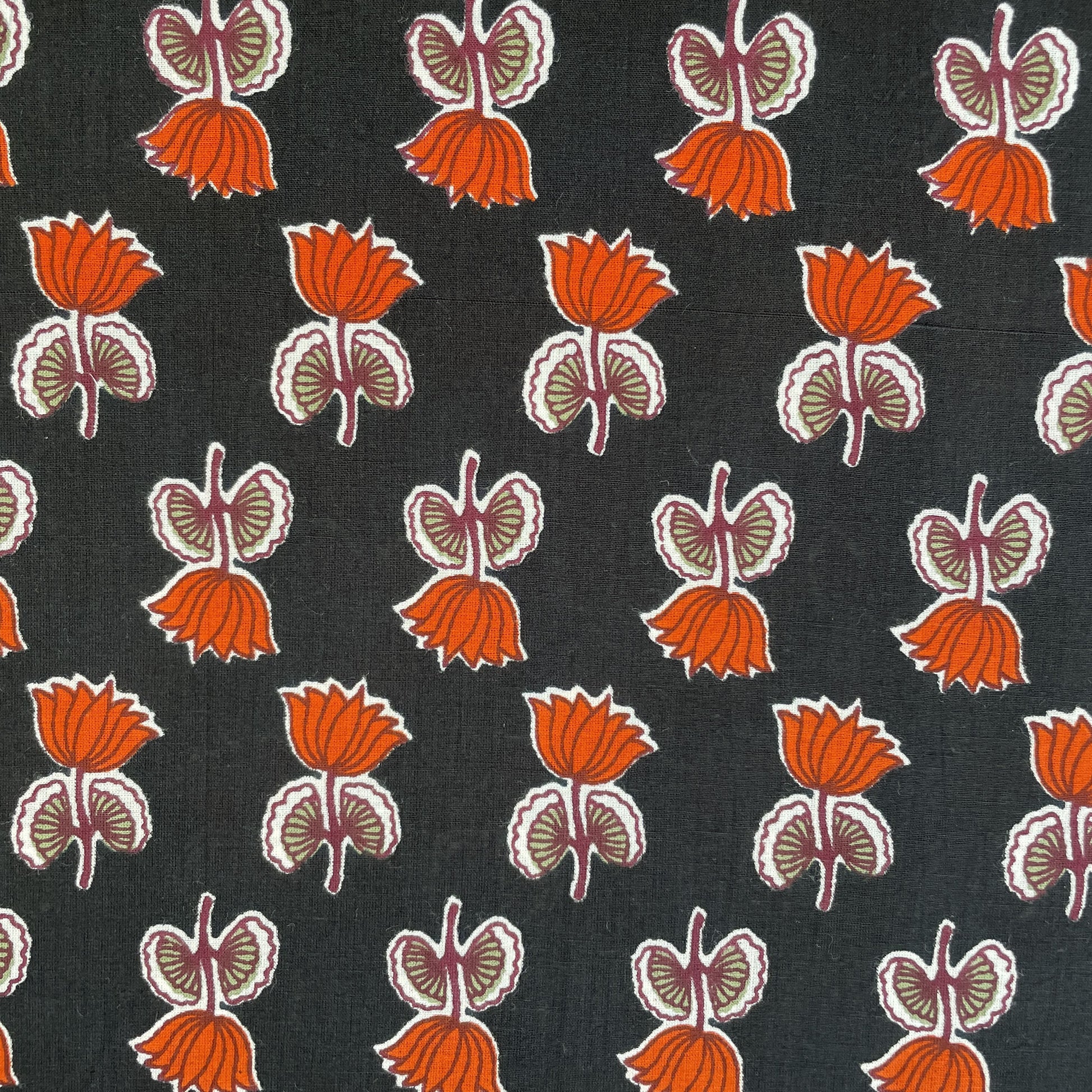 Black Floral Handblock Print Cotton Fabric 16075