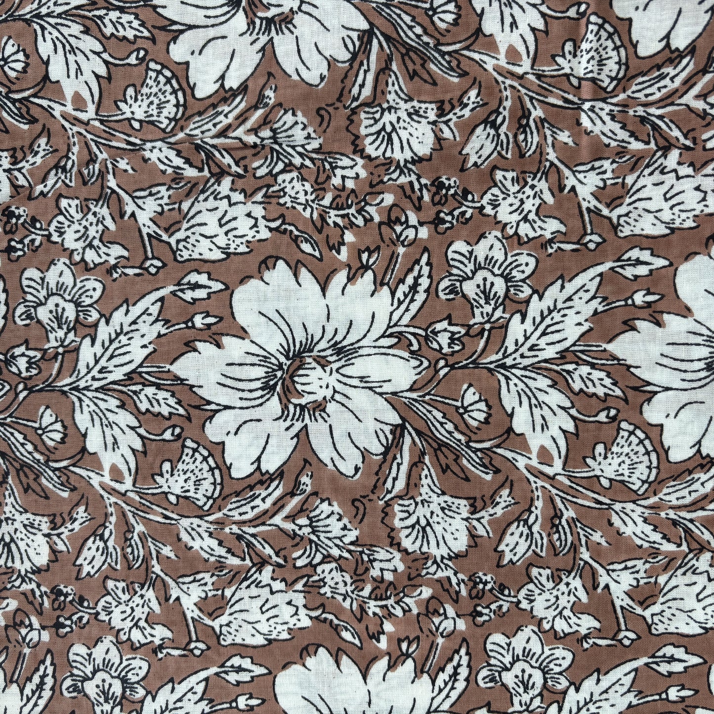 Brown White Floral Print Cotton Fabric 16240
