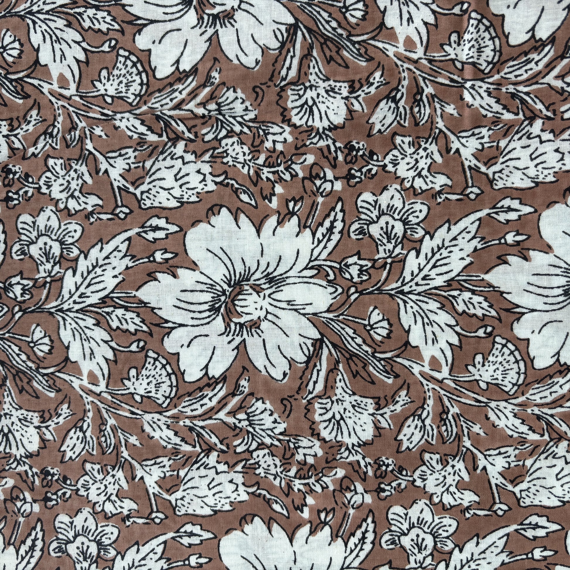 Brown White Floral Print Cotton Fabric 16240