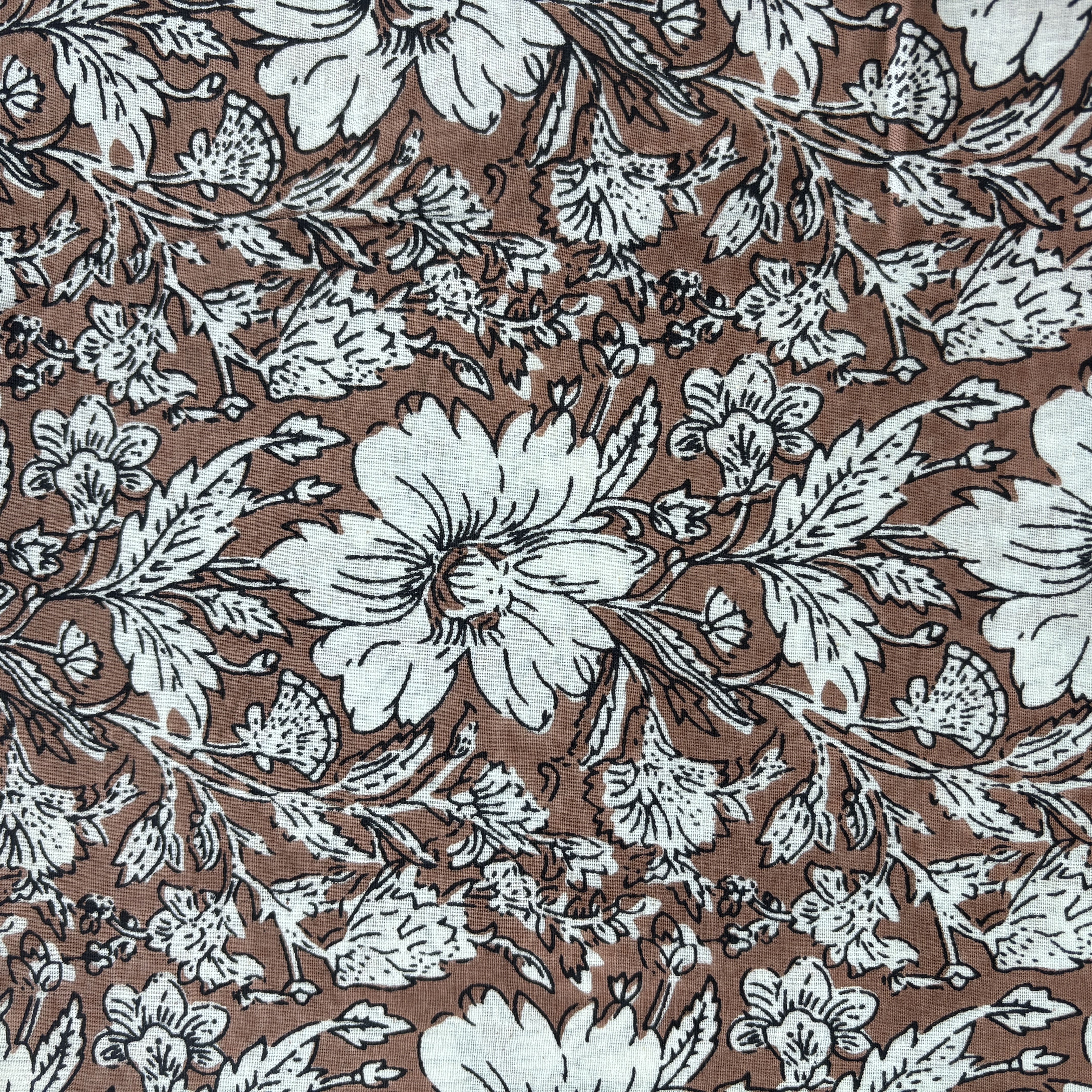 Brown White Floral Print Cotton Fabric 16240