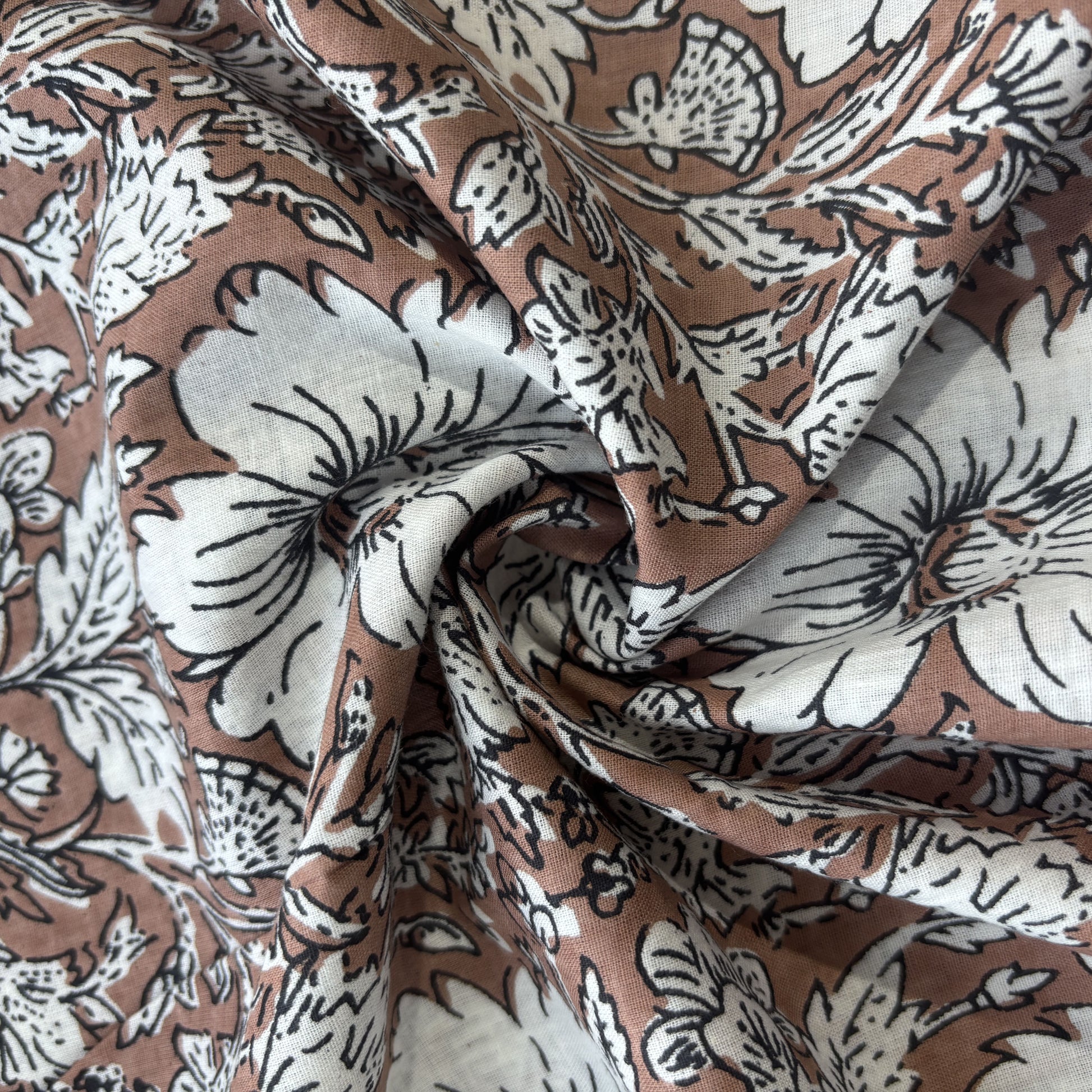 Brown White Floral Print Cotton Fabric 16240