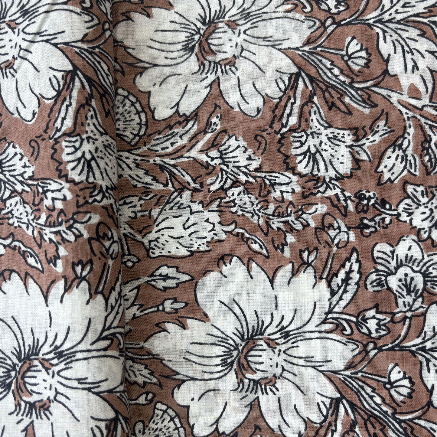 Brown White Floral Print Cotton Fabric 16240