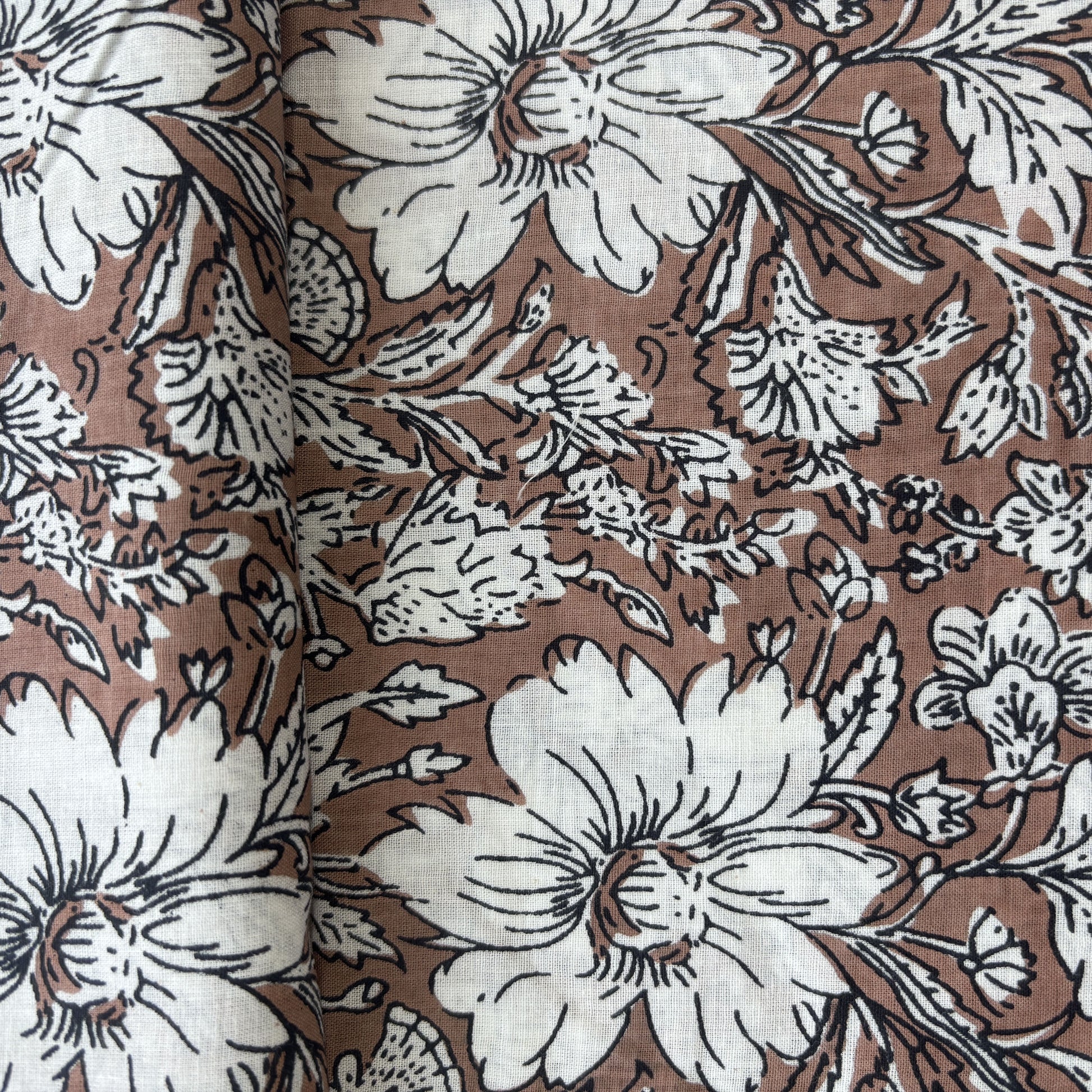 Brown White Floral Print Cotton Fabric 16240