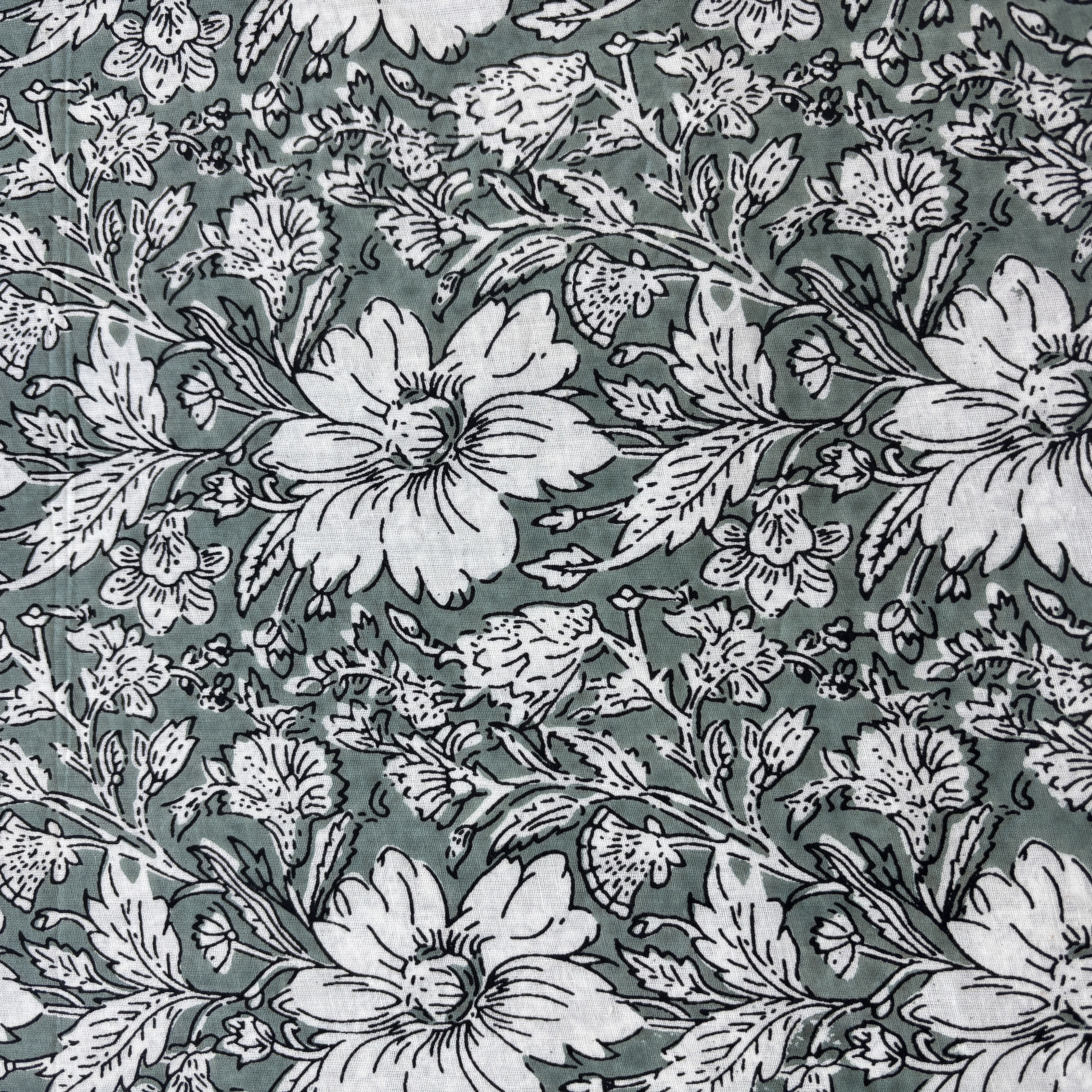 Sage Green White Floral Print Cotton Fabric 16241