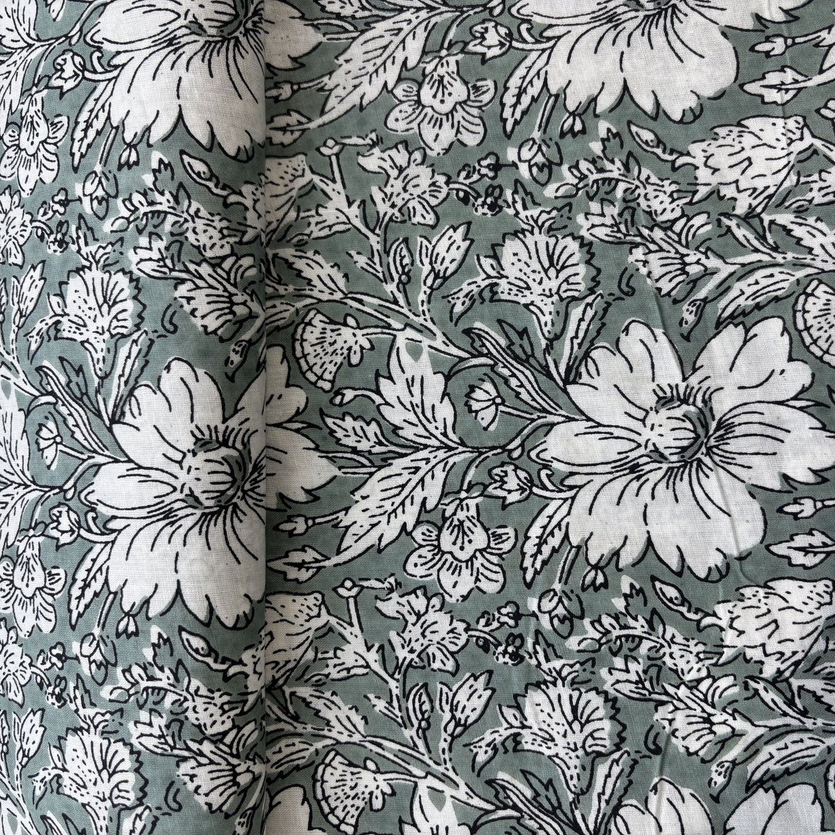 Sage Green White Floral Print Cotton Fabric 16241