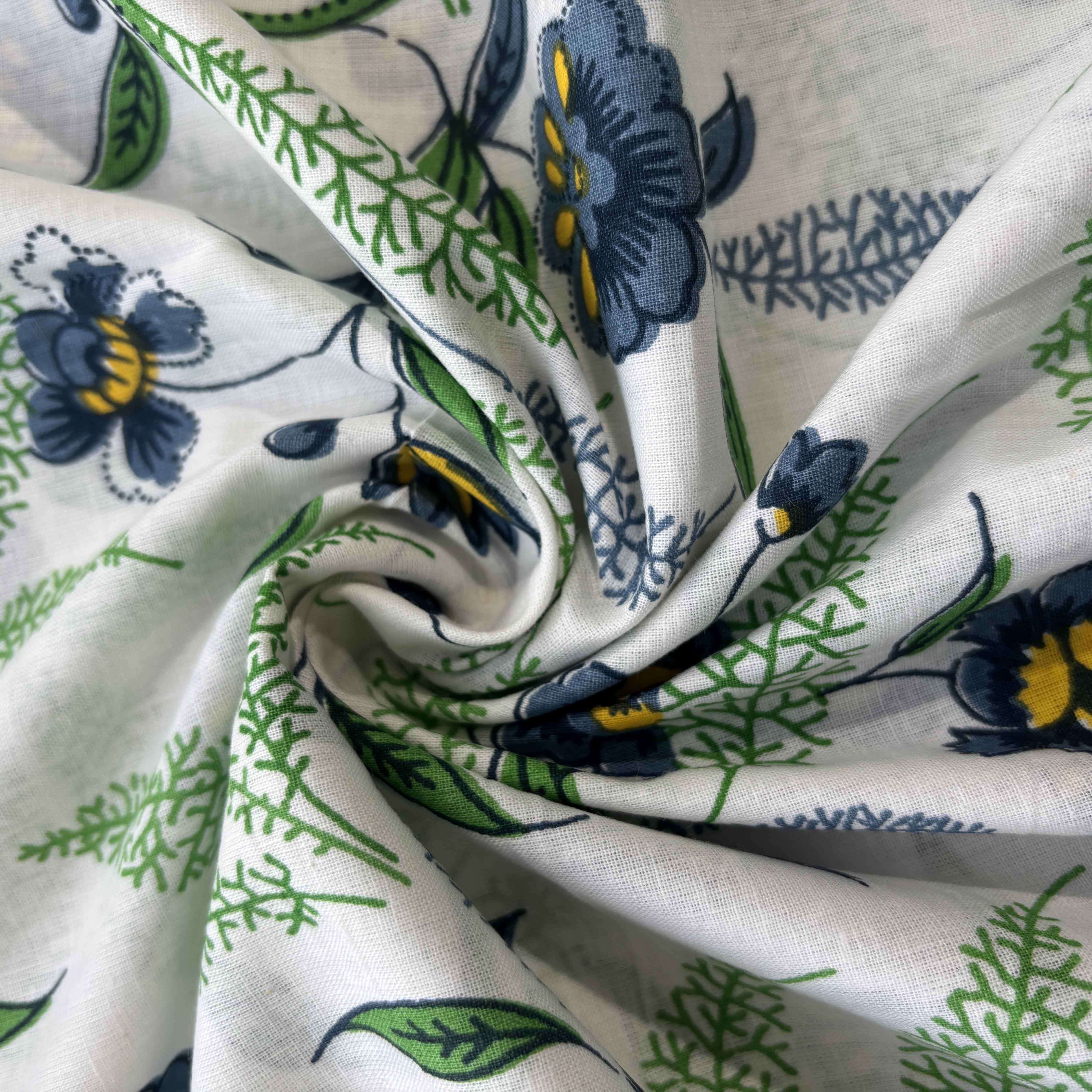 White Blue Floral Print Cotton Fabric 16122