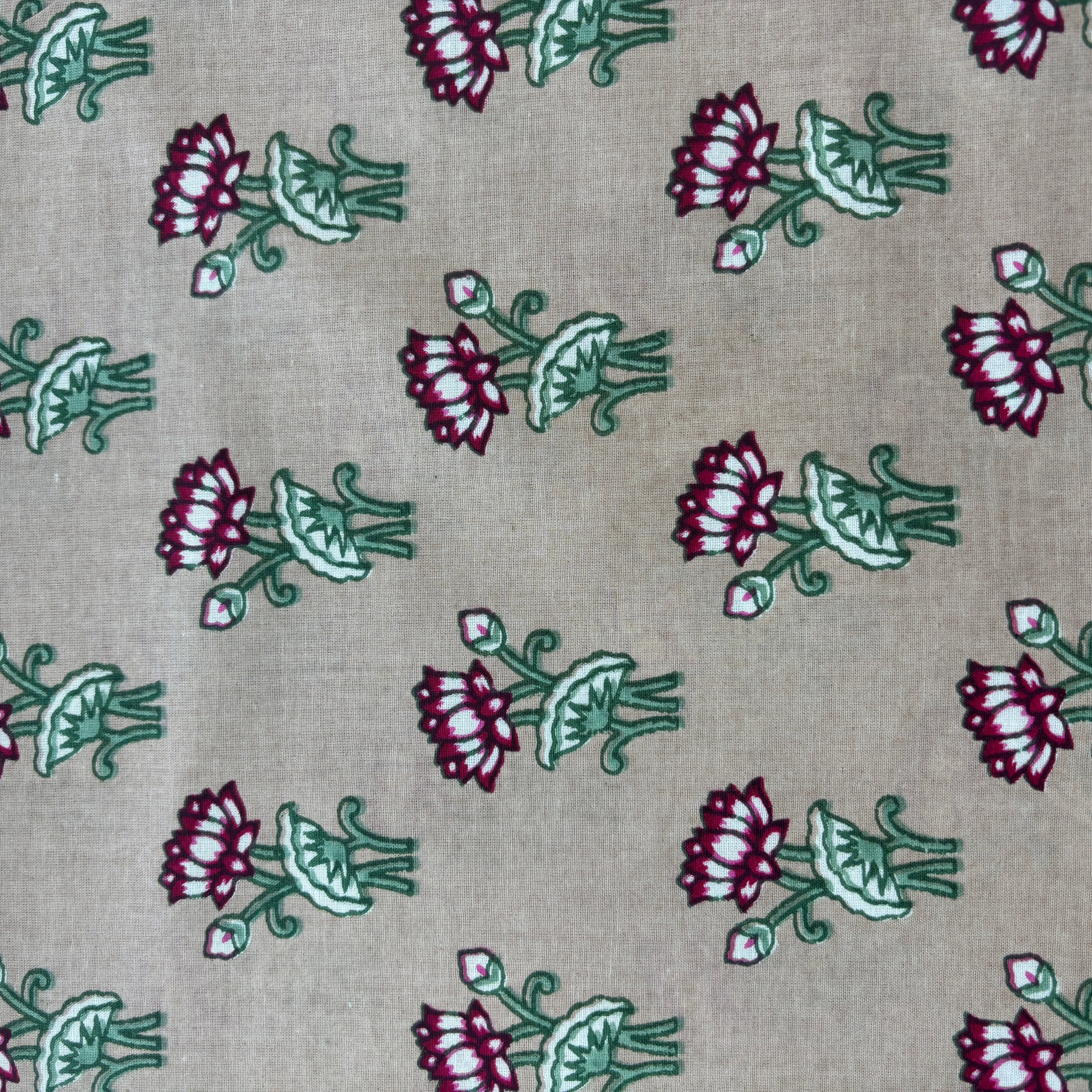 Cream Pink Handblock Print Cotton Fabric