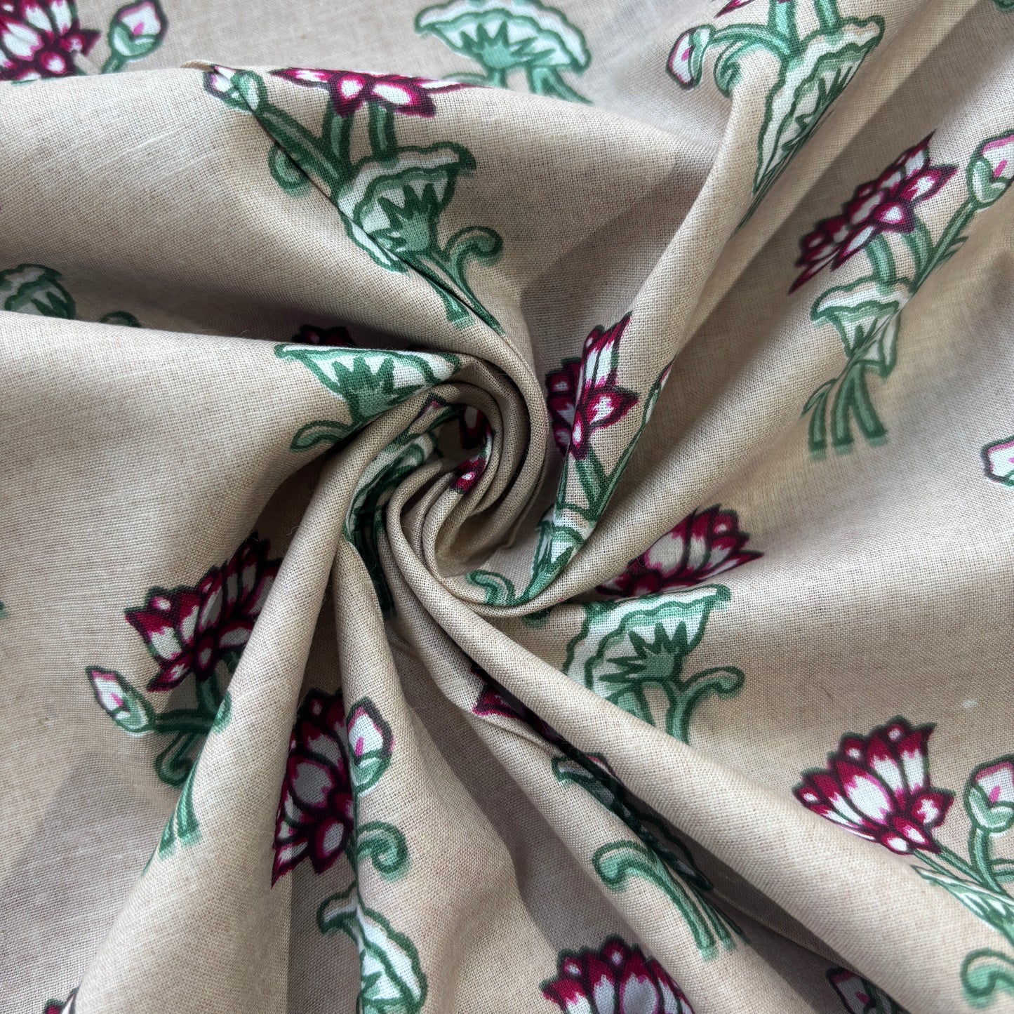 Cream Pink Handblock Print Cotton Fabric