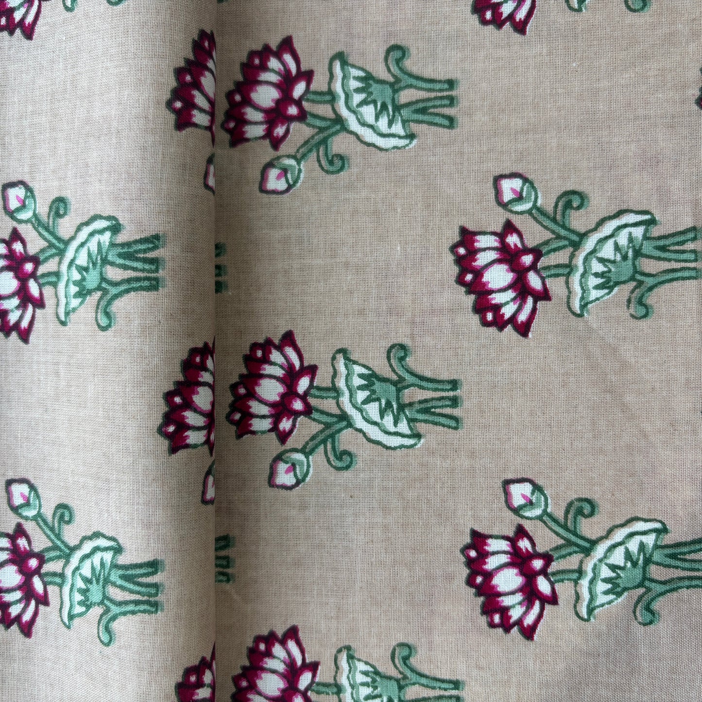Cream Pink Handblock Print Cotton Fabric