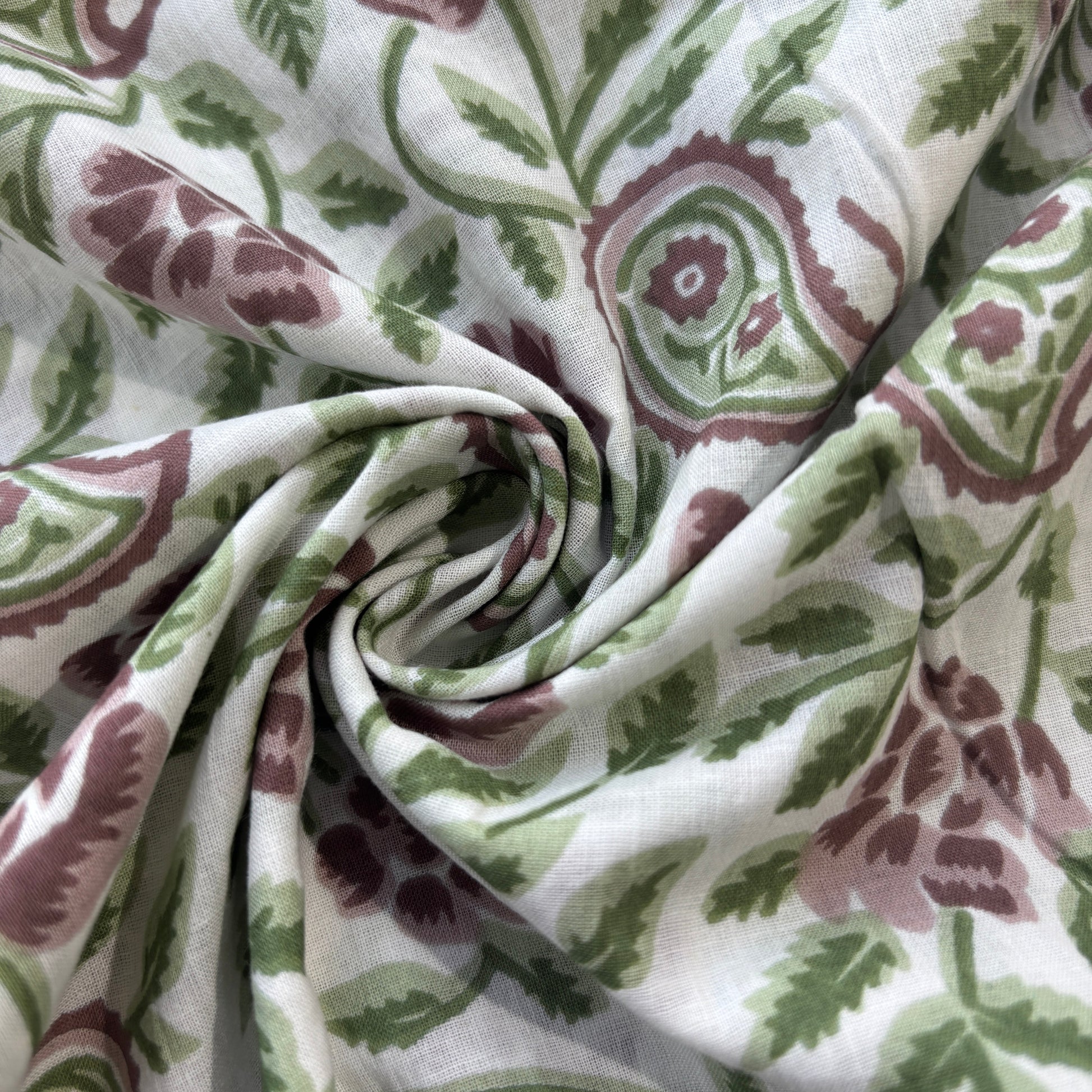 White Green Paisley Print Cotton Fabric 16062