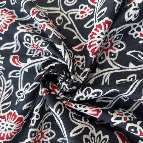 Black Red Floral Print Cotton Fabric 16112