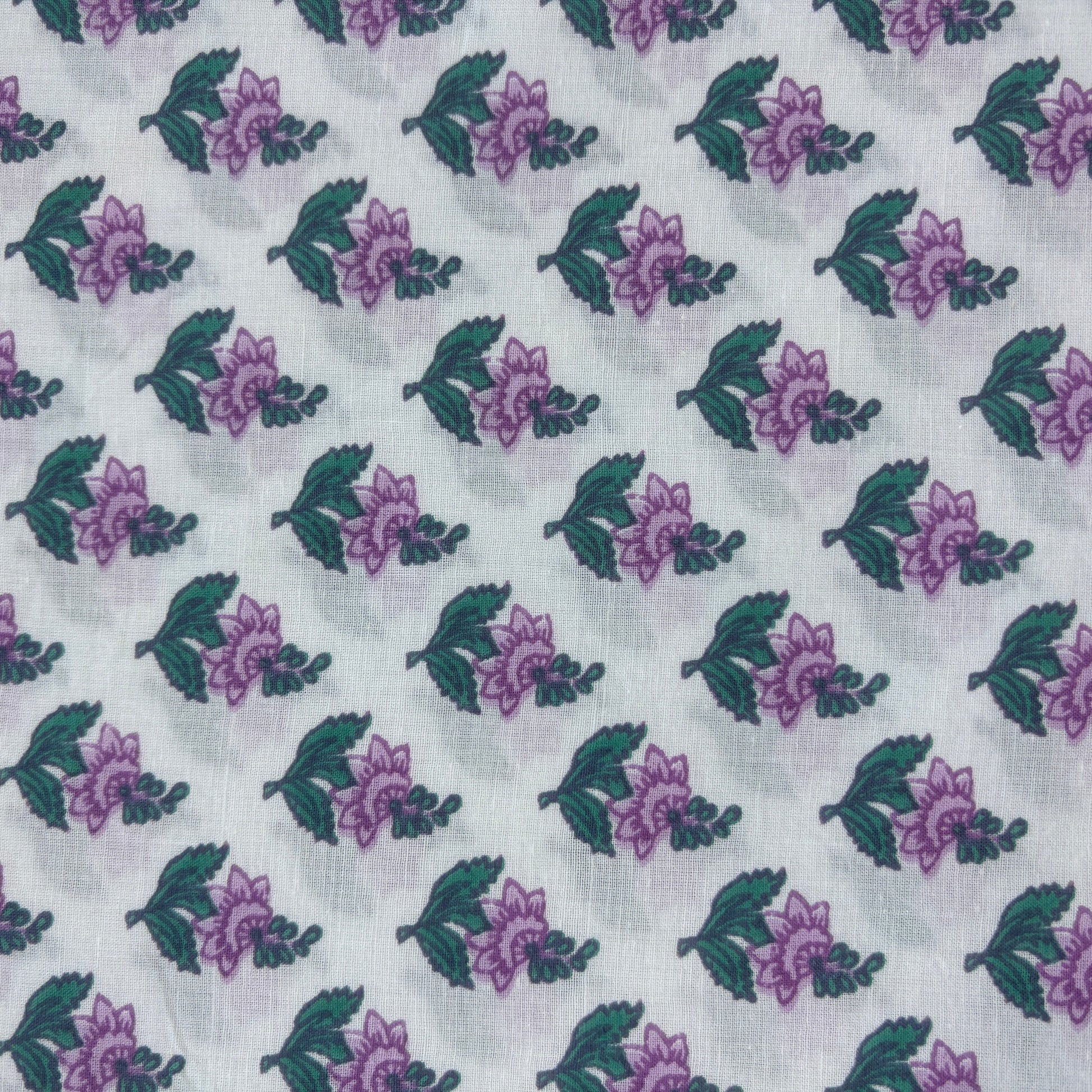 White Purple Floral Print Cotton Fabric 16066