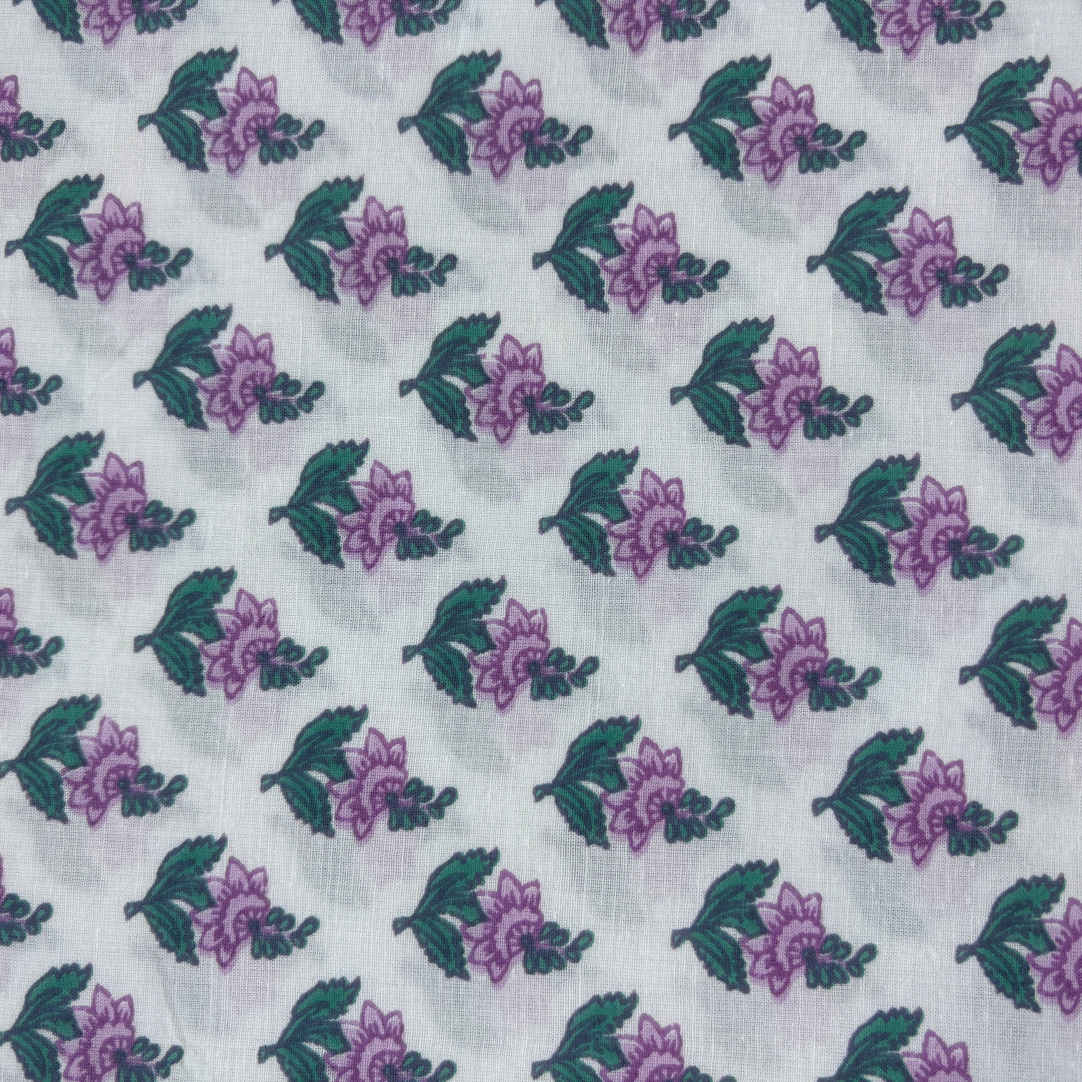 White Purple Floral Print Cotton Fabric 16066