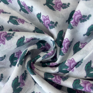 White Purple Floral Print Cotton Fabric 16066