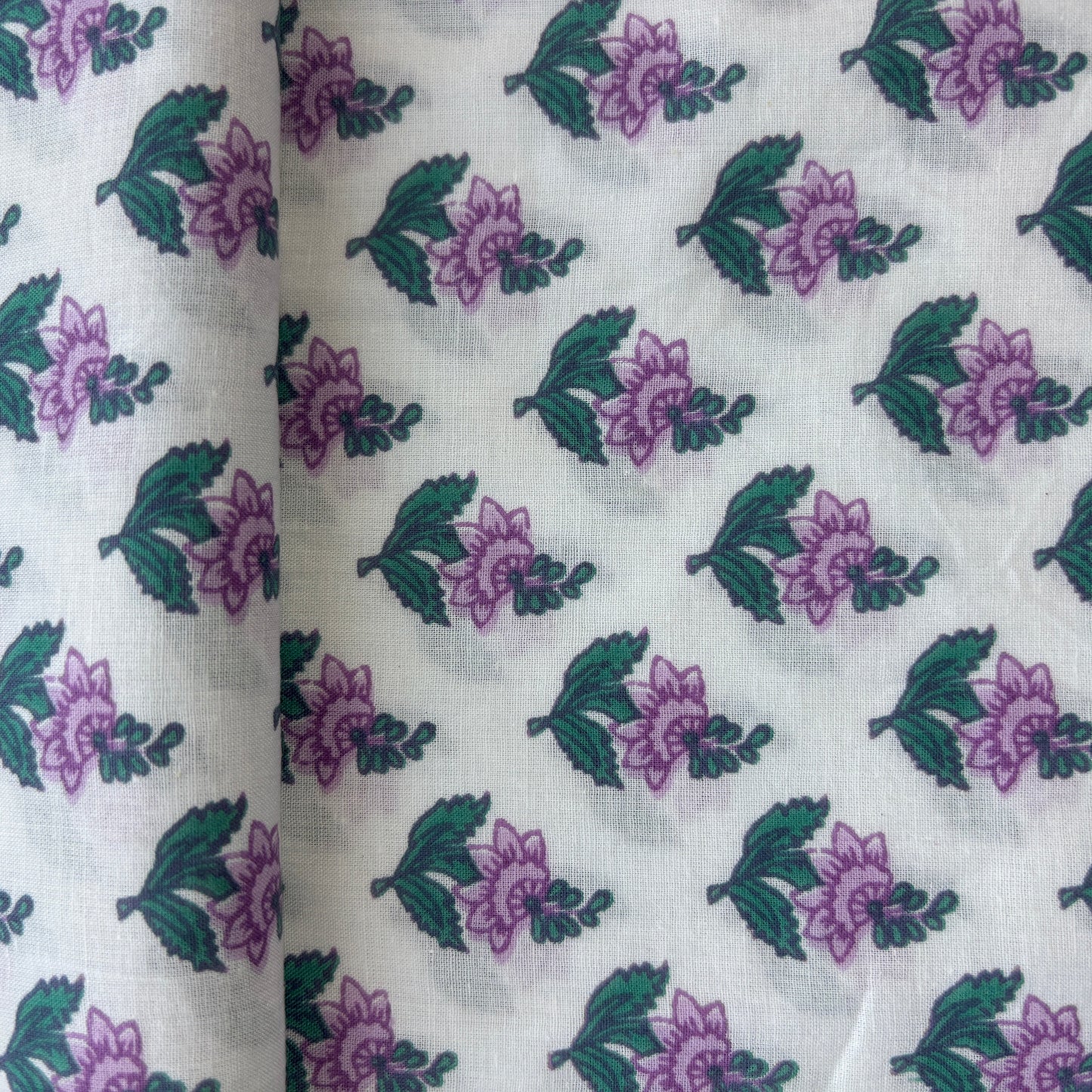 White Purple Floral Print Cotton Fabric 16066