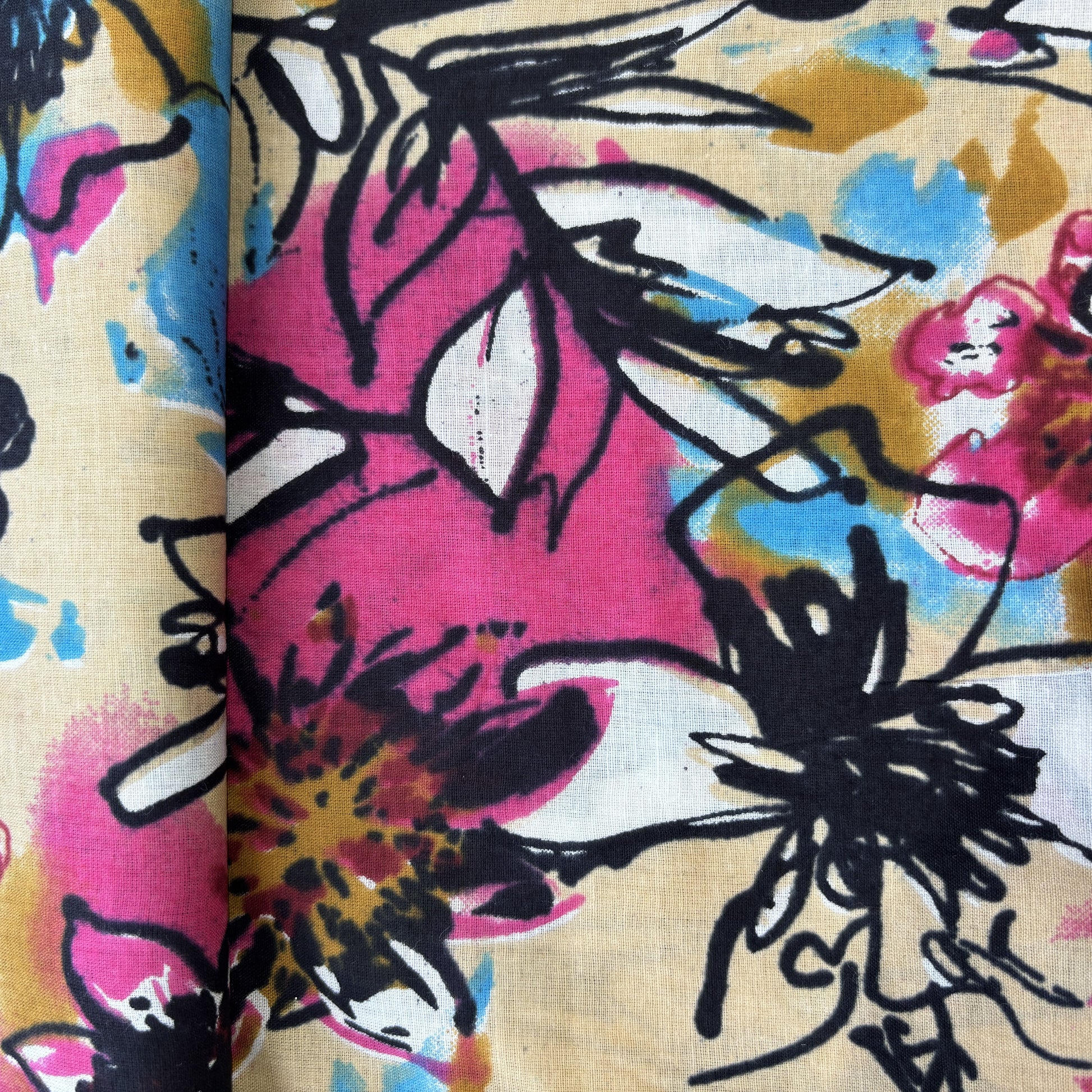 Pink Multicolor Abstract Print Cotton Fabric 16225