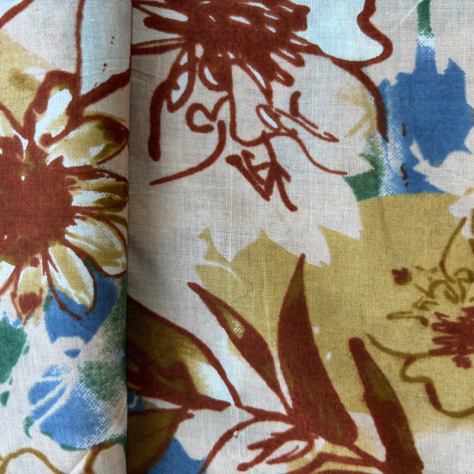 Mustard Yellow Multicolor Abstract Print Cotton Fabric 16226