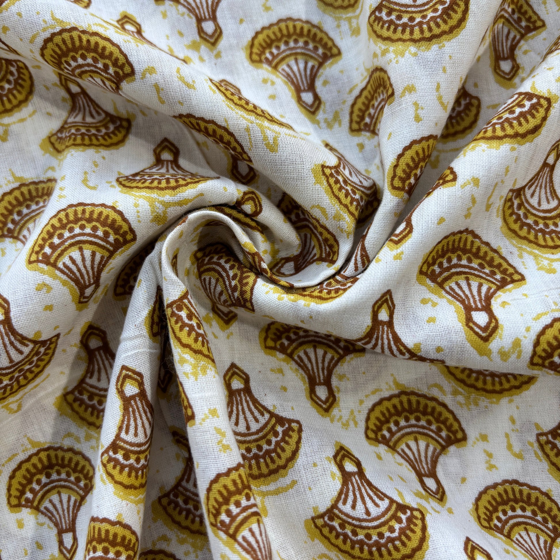 White & Yellow Goemeterical Print Cotton Fabric 8915