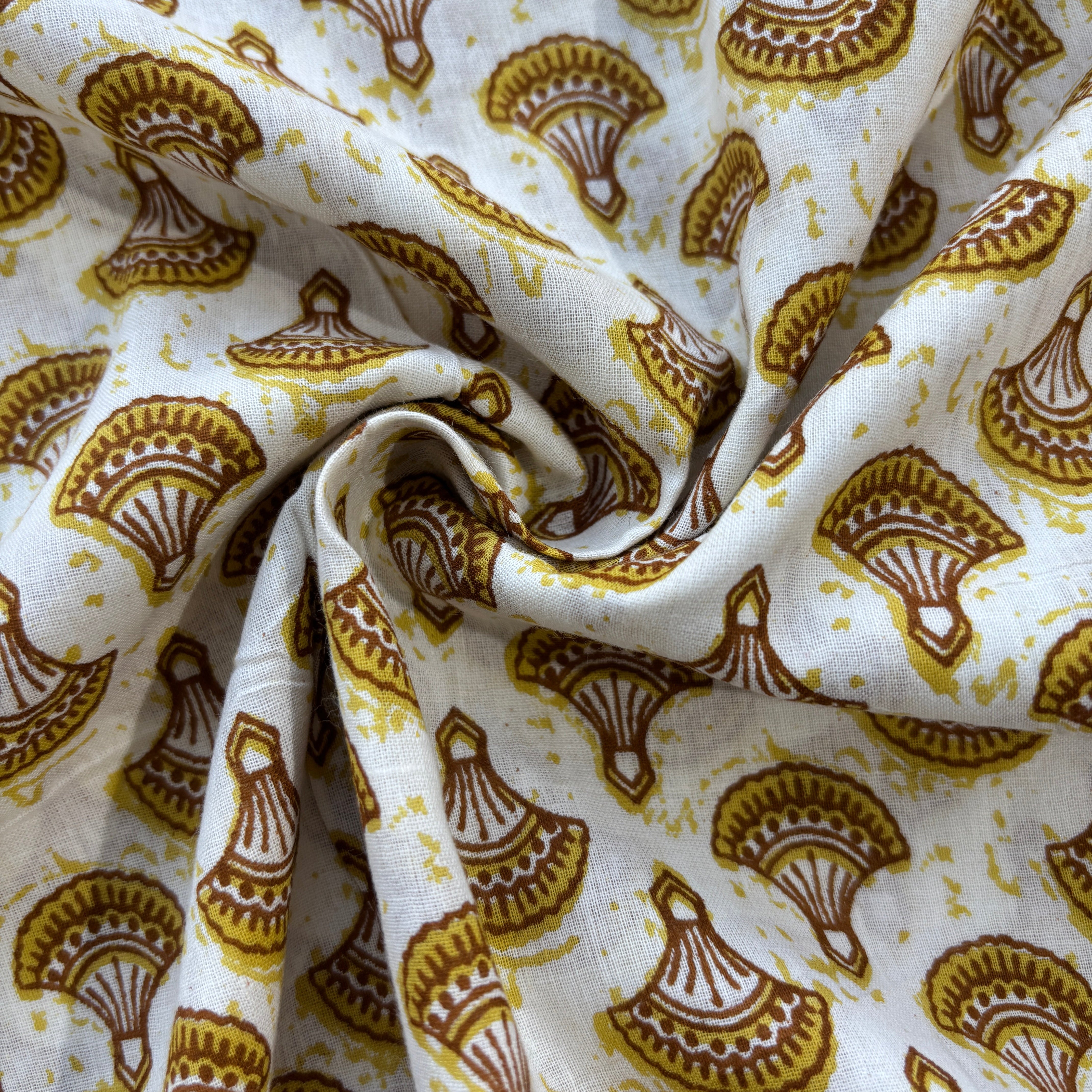 White & Yellow Goemeterical Print Cotton Fabric 8915