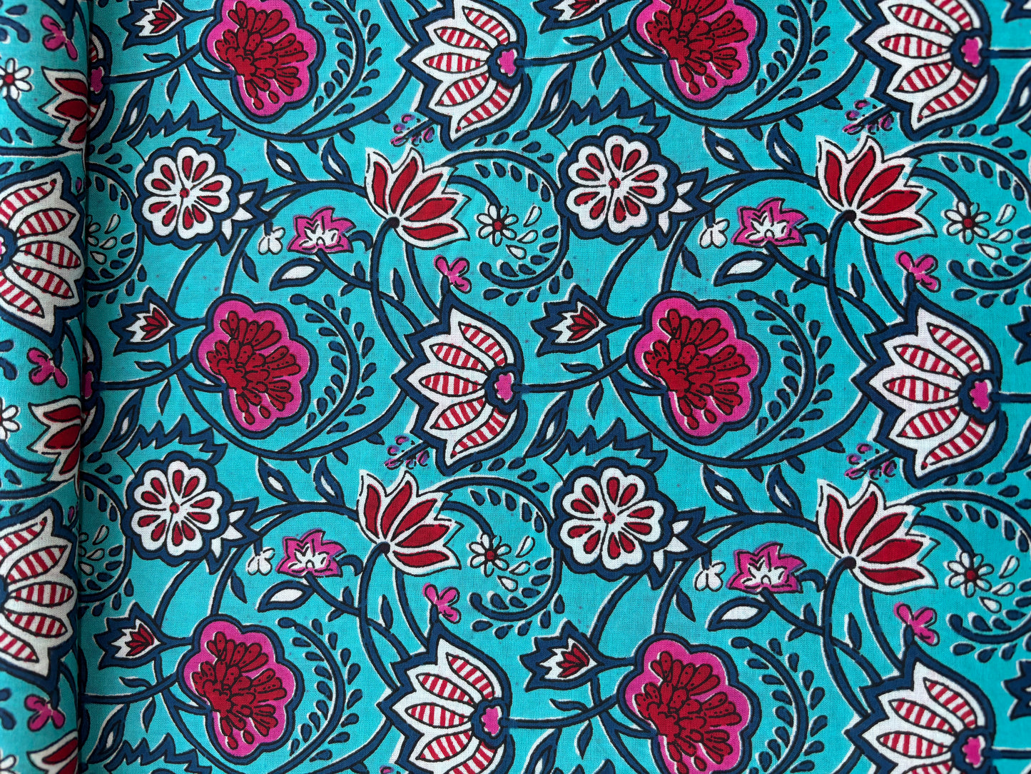 Sky Blue with Pink Floral Print Cotton Fabric 7030