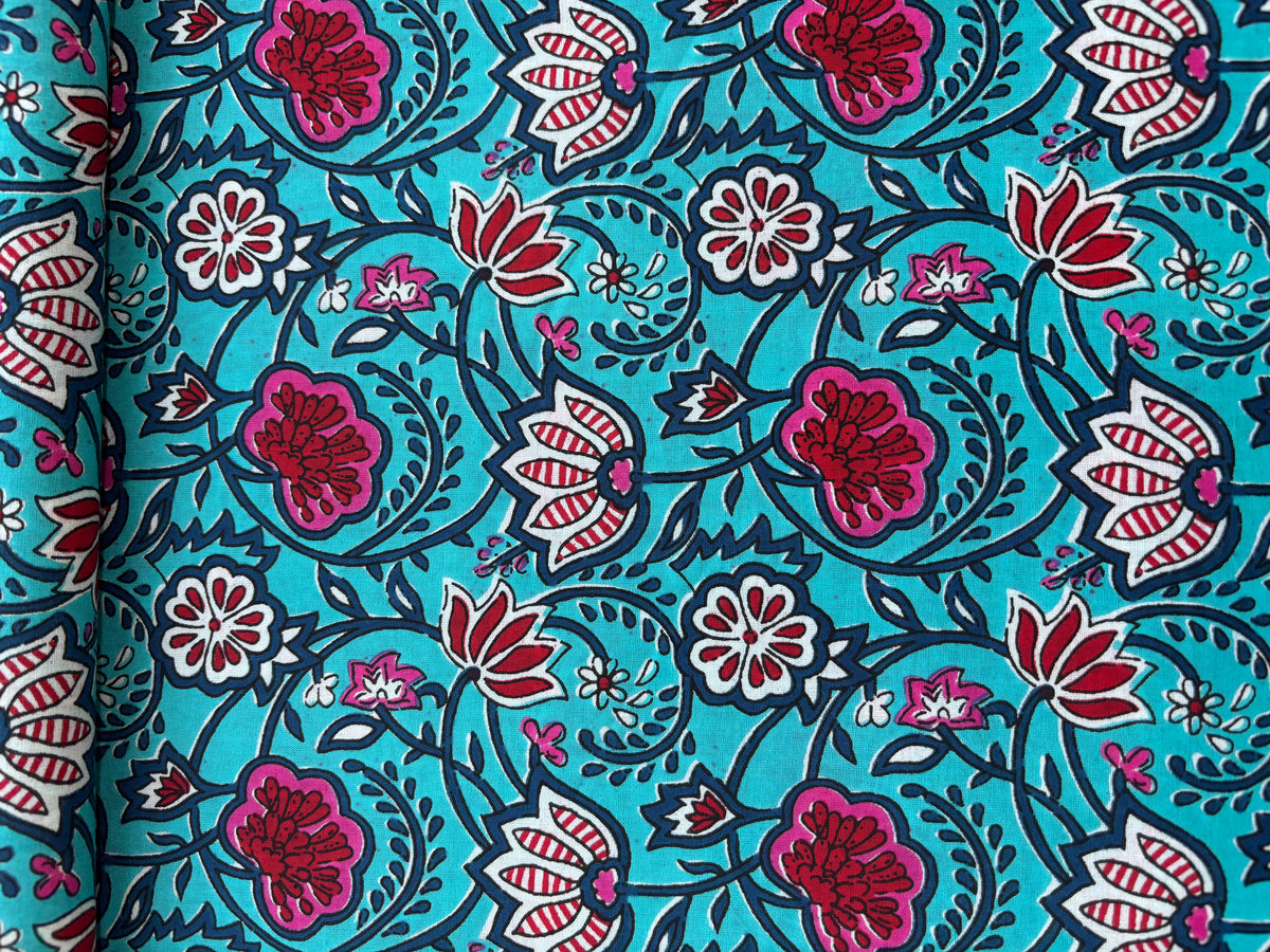 Sky Blue with Pink Floral Print Cotton Fabric 7030 - TradeUNO
