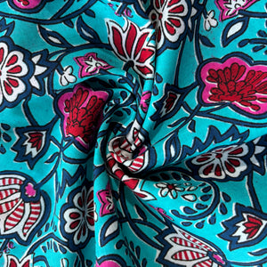 Sky Blue with Pink Floral Print Cotton Fabric 7030