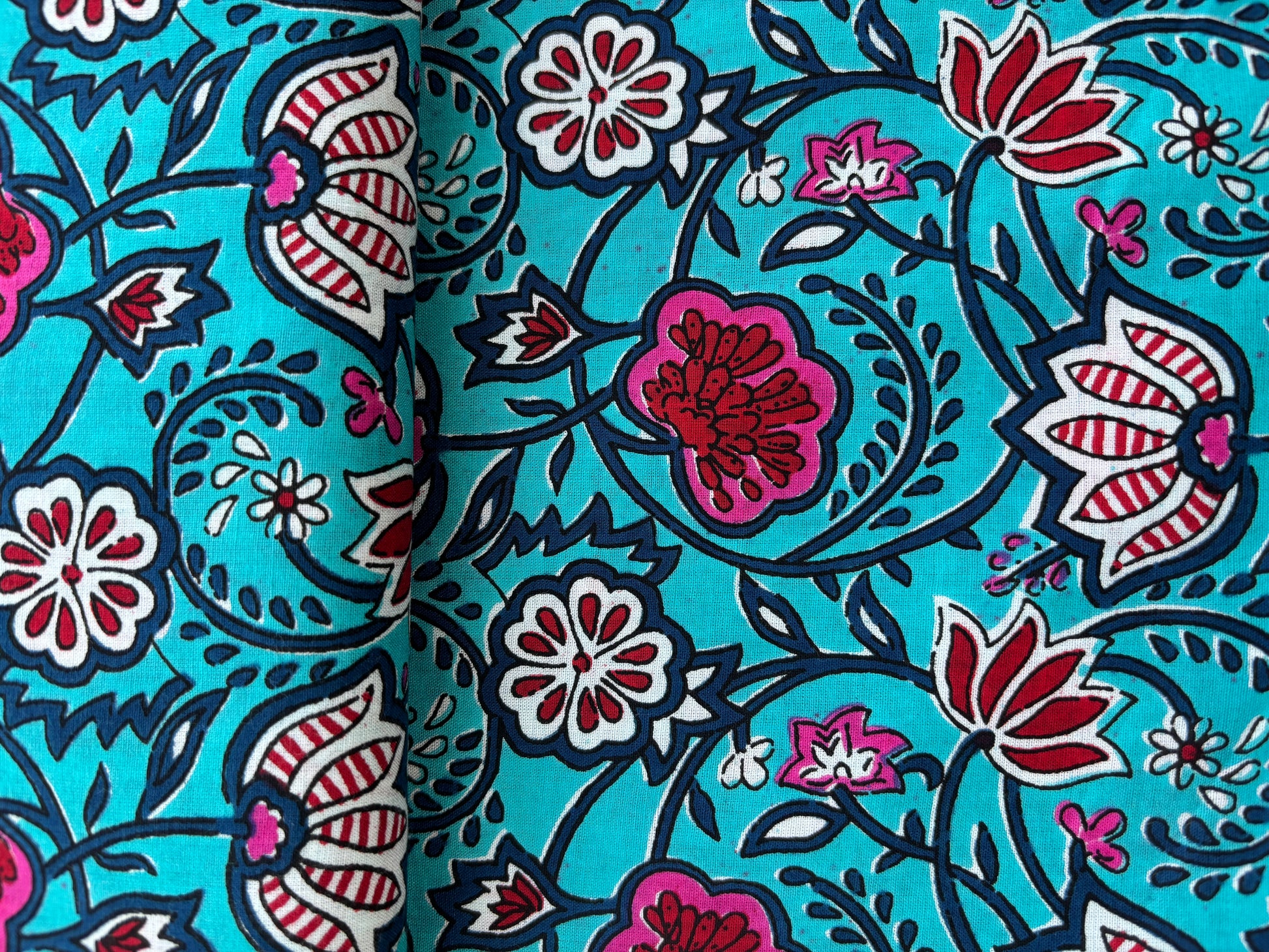 Sky Blue with Pink Floral Print Cotton Fabric 7030