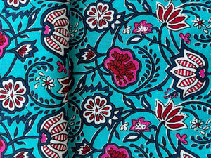 Sky Blue with Pink Floral Print Cotton Fabric 7030