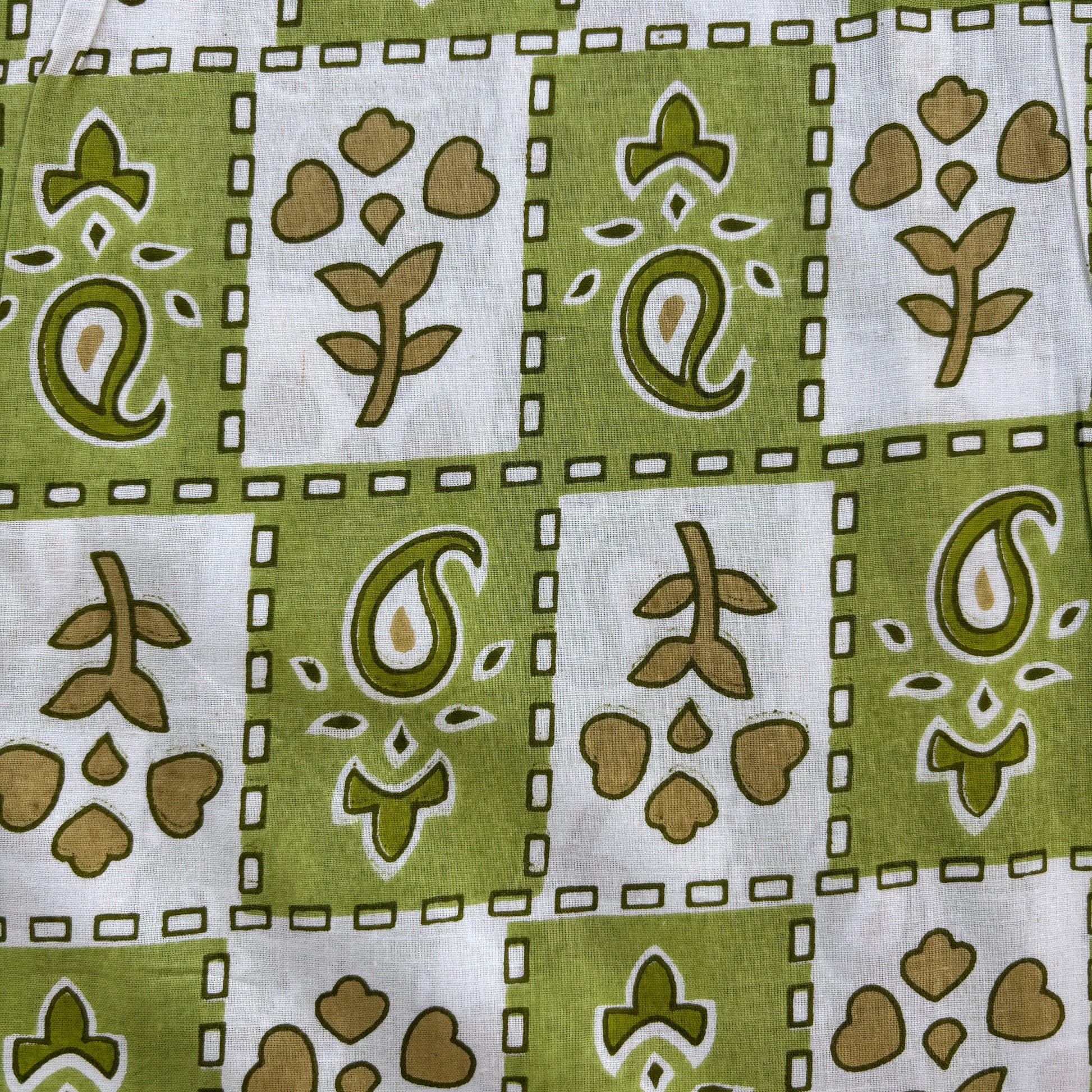 White Green Floral Stripes Print Cotton Fabric 16117