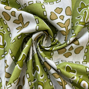 White Green Floral Stripes Print Cotton Fabric 16117