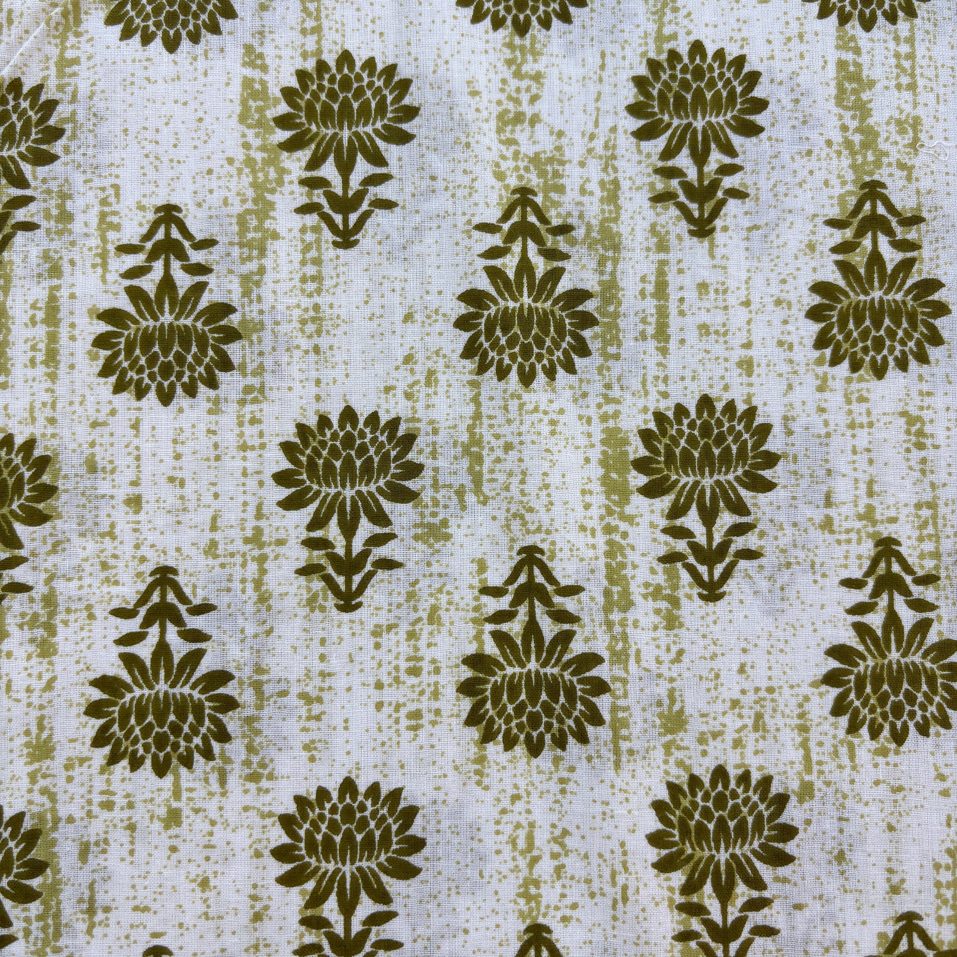 White & Green Floral Print Cotton Fabric 8903
