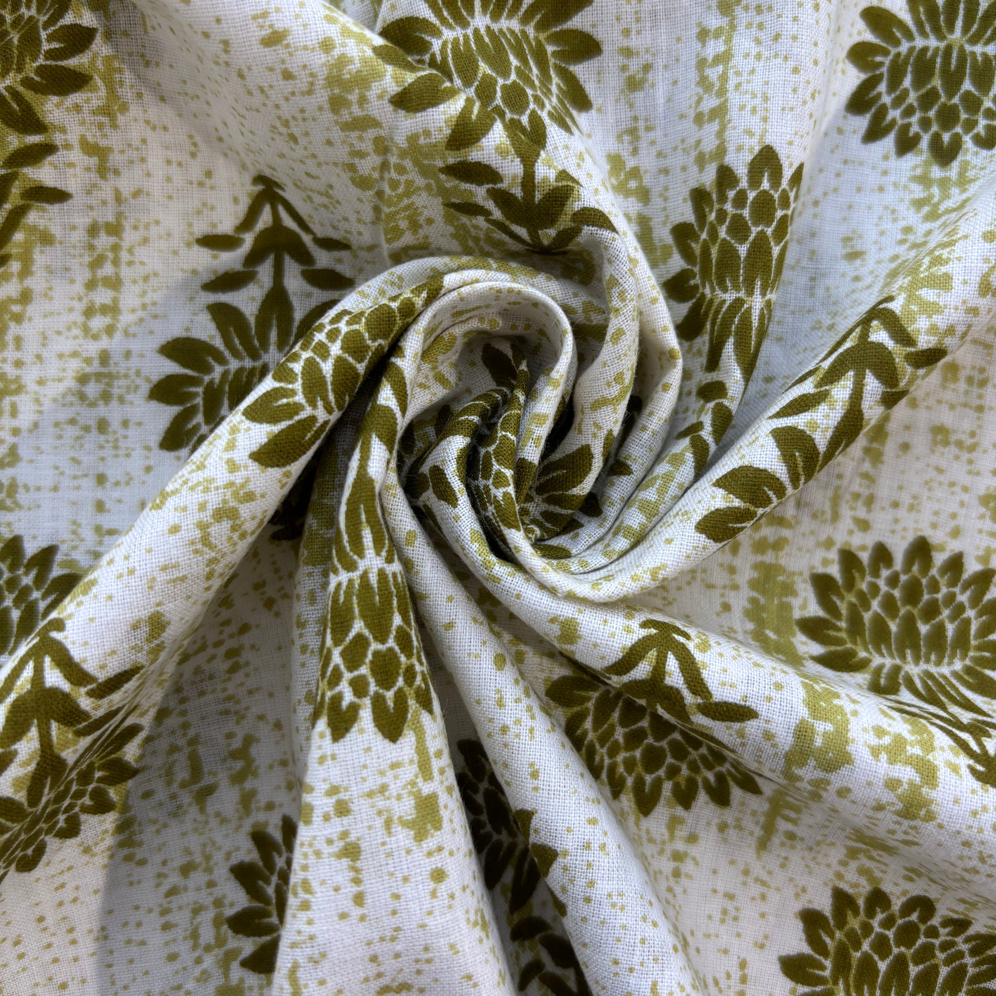 White & Green Floral Print Cotton Fabric 8903