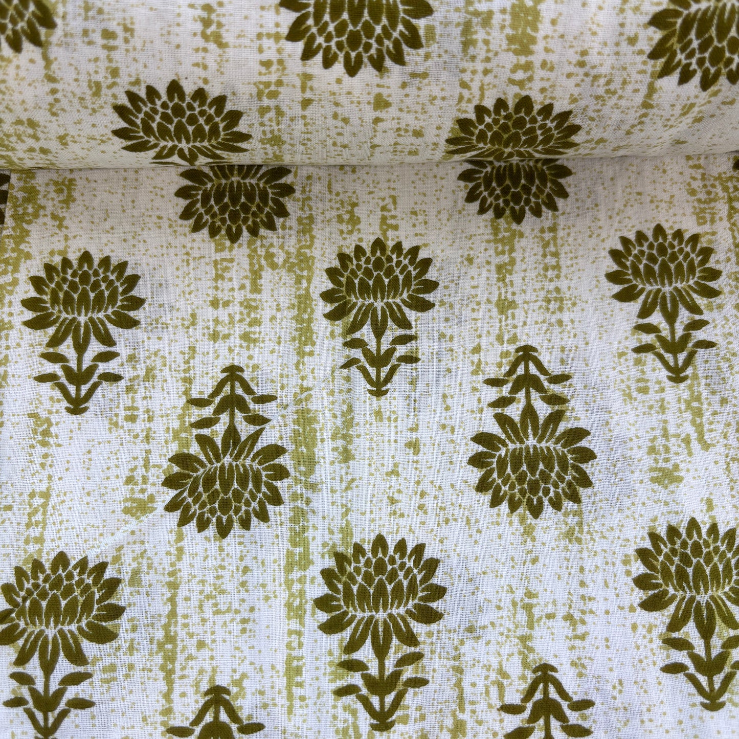 White & Green Floral Print Cotton Fabric 8903
