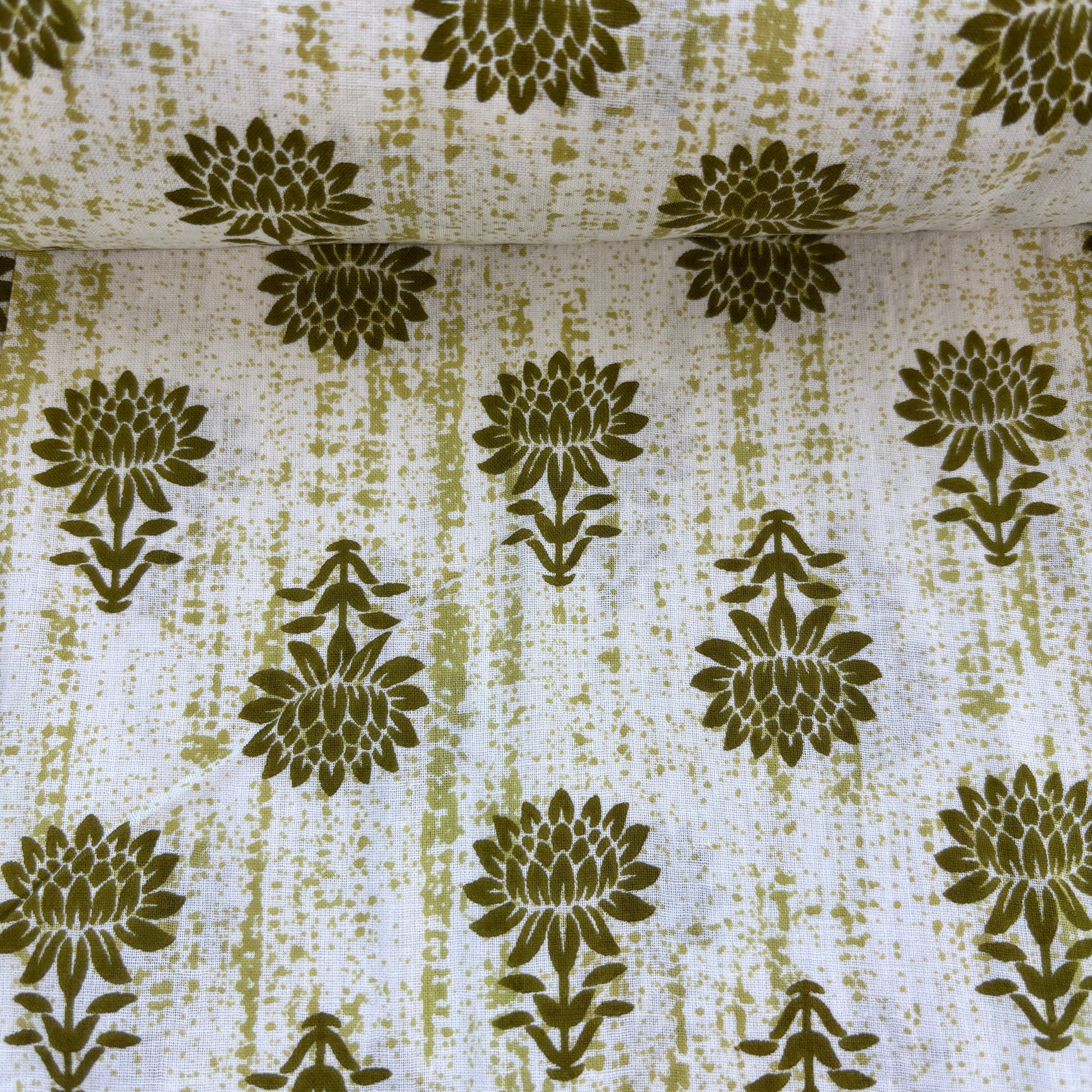 White & Green Floral Print Cotton Fabric 8903