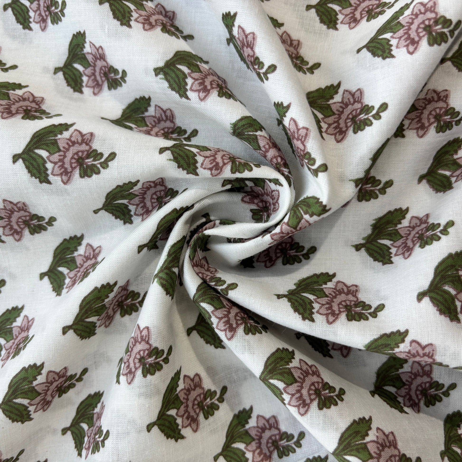 White Green Floral Print Cotton Fabric 16065