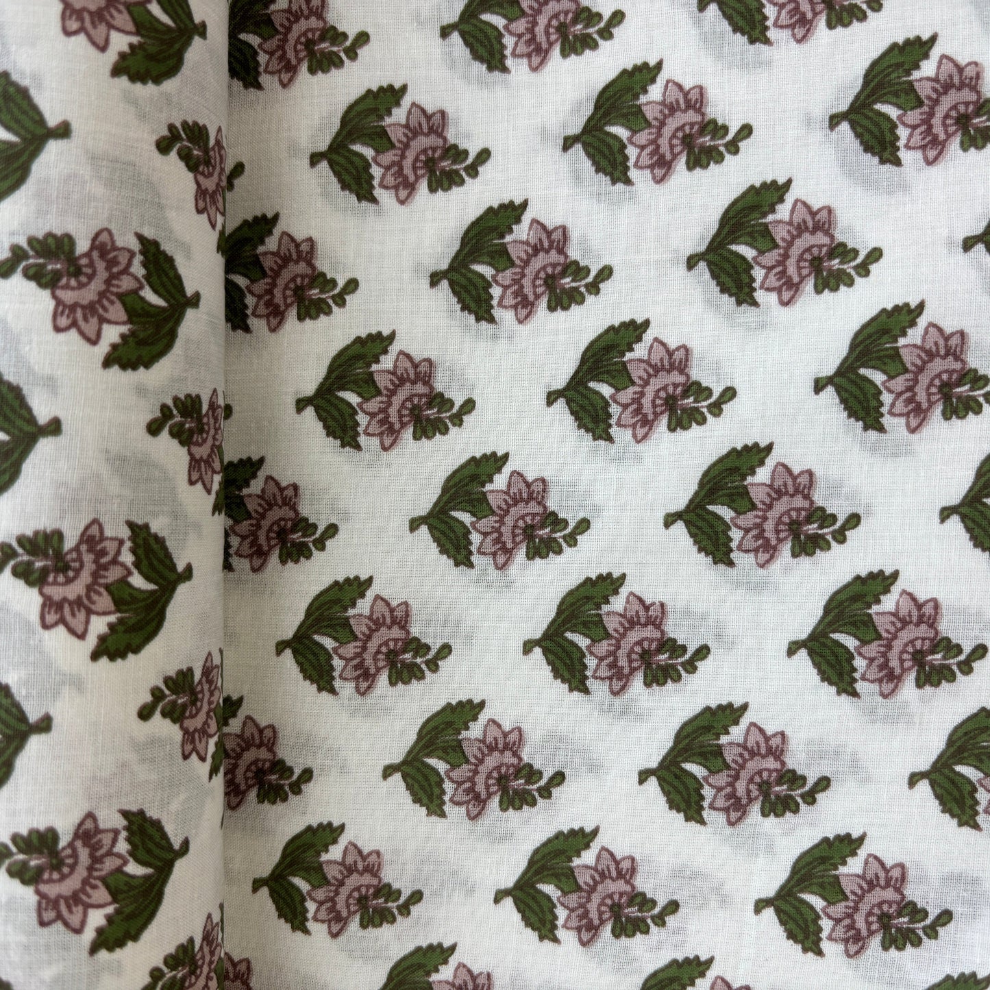 White Green Floral Print Cotton Fabric 16065