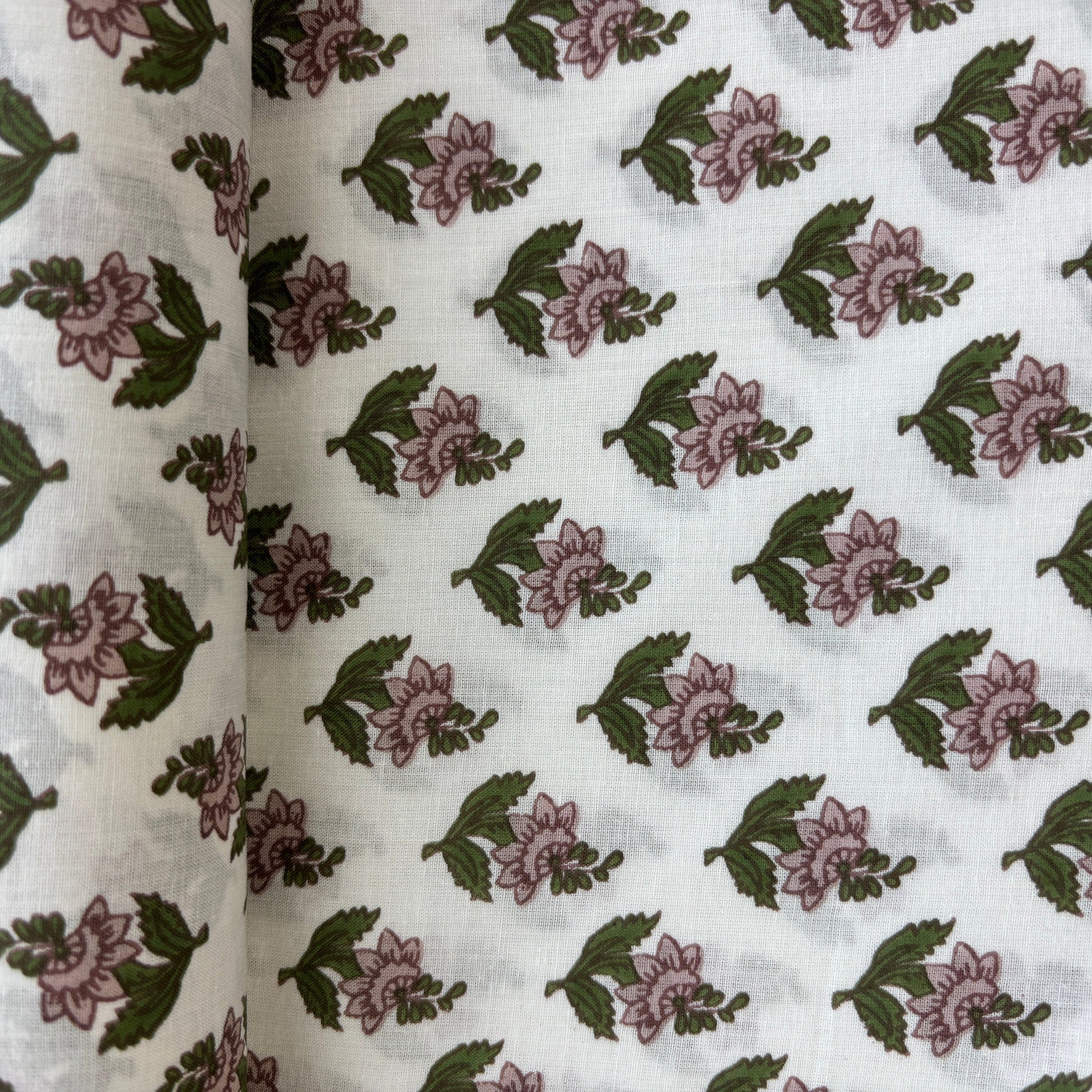 White Green Floral Print Cotton Fabric 16065