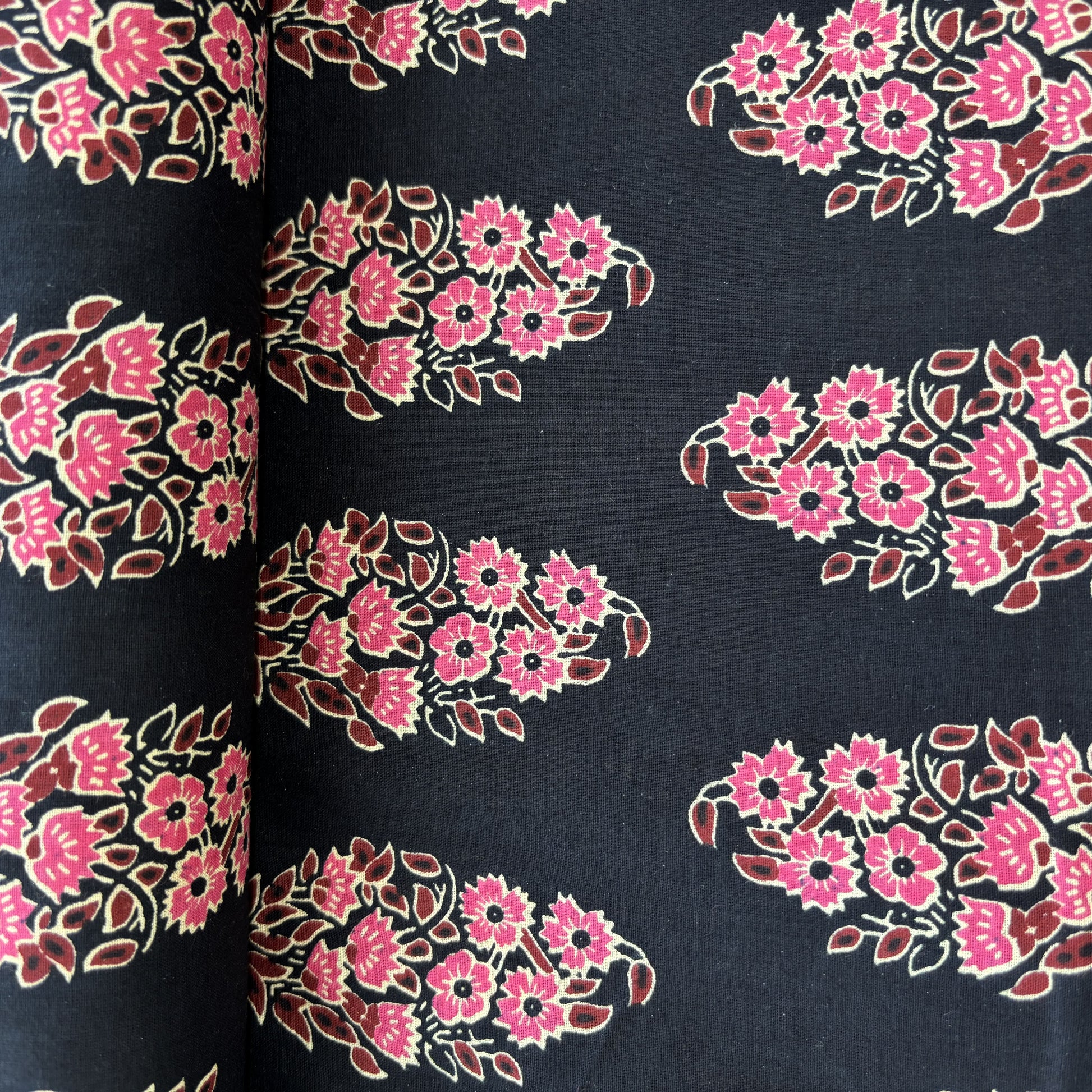 Black Pink Handblock Print Cotton Fabric 16245