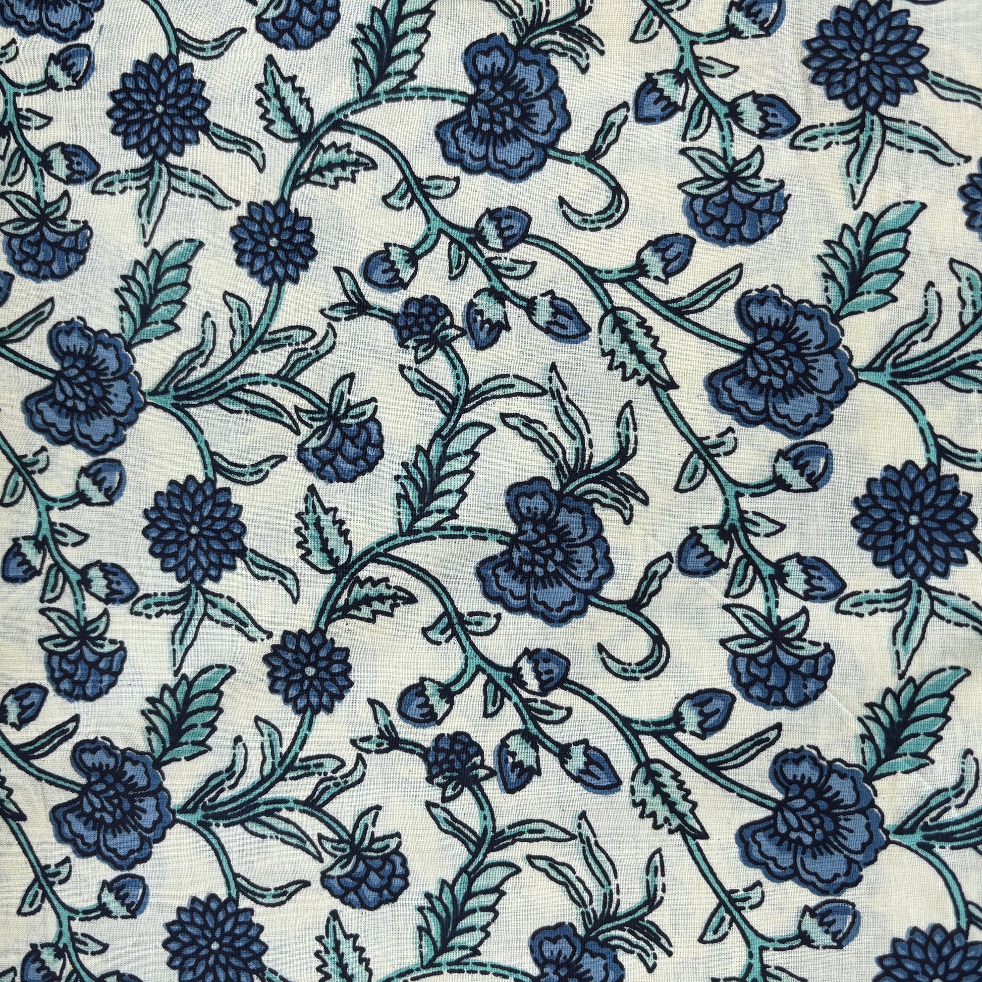 Cream Blue Floral Print Cotton Fabric 16236