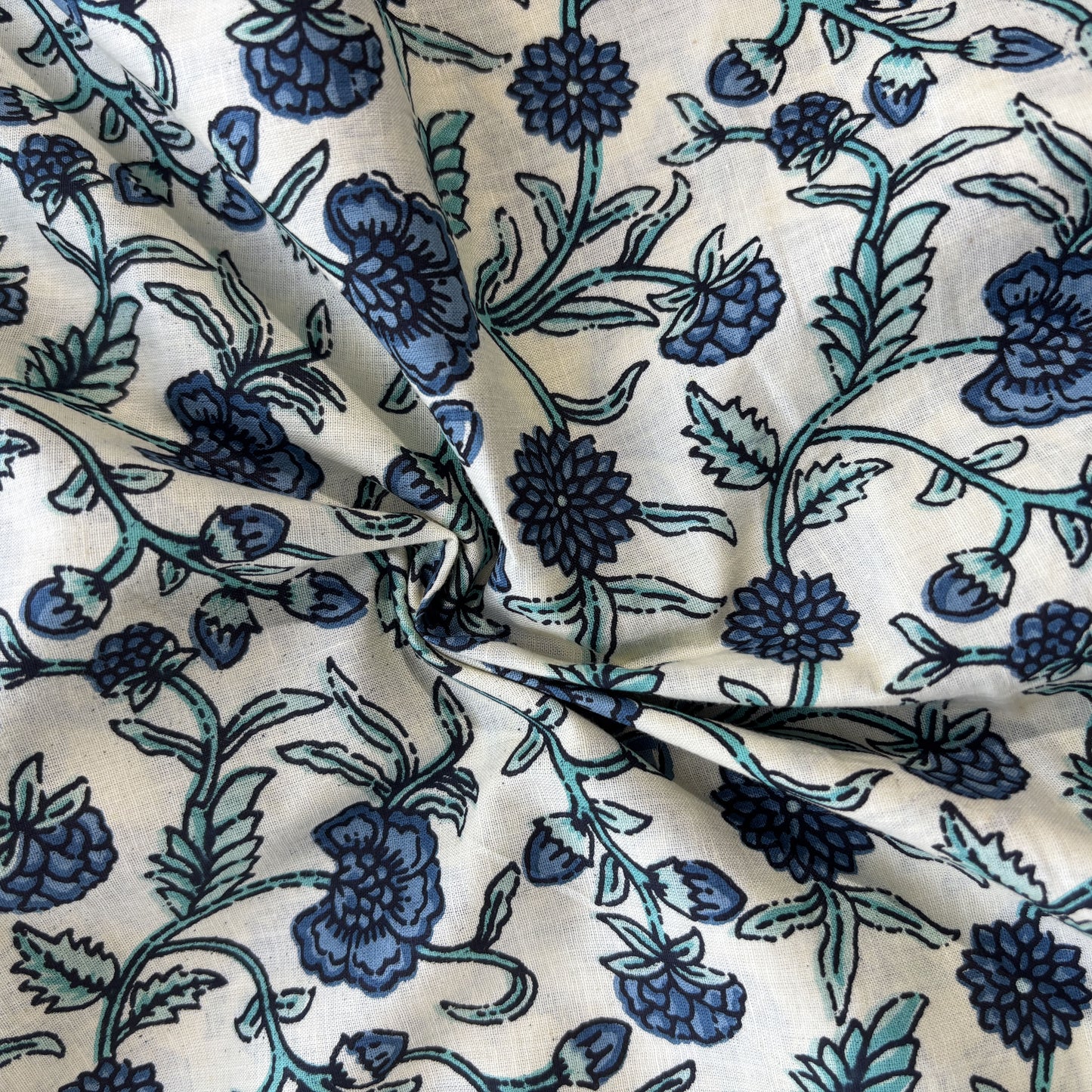 Cream Blue Floral Print Cotton Fabric 16236