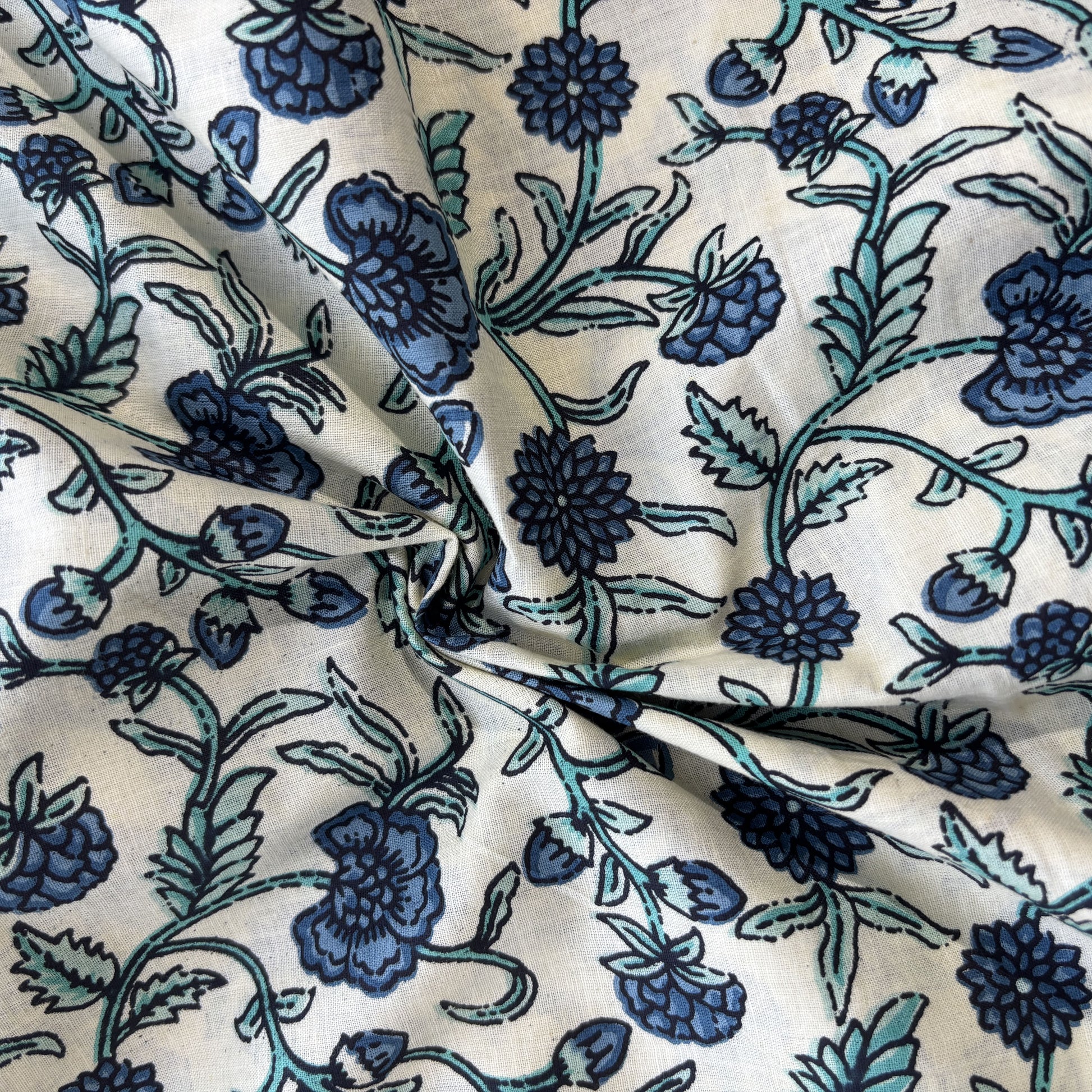 Cream Blue Floral Print Cotton Fabric 16236