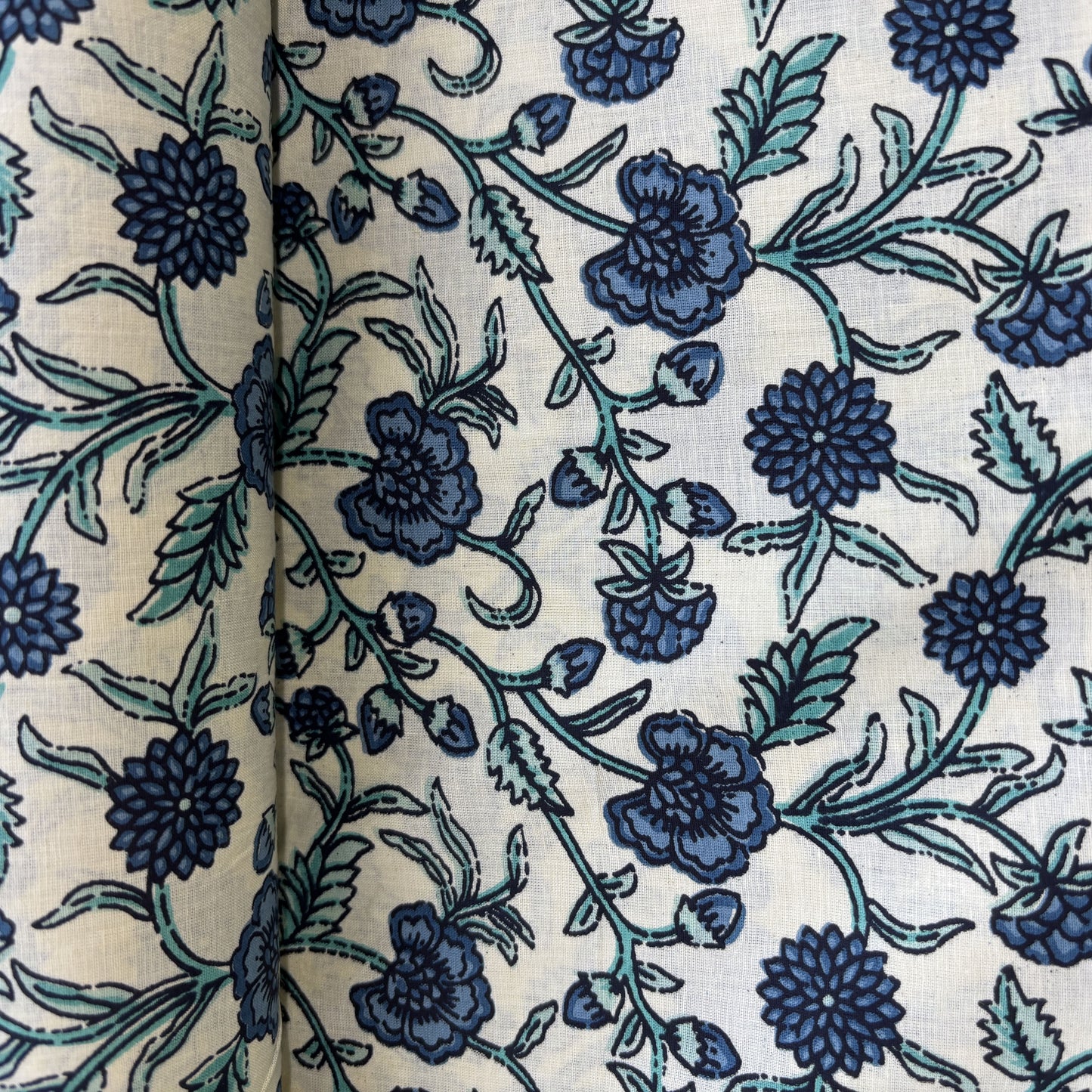 Cream Blue Floral Print Cotton Fabric 16236