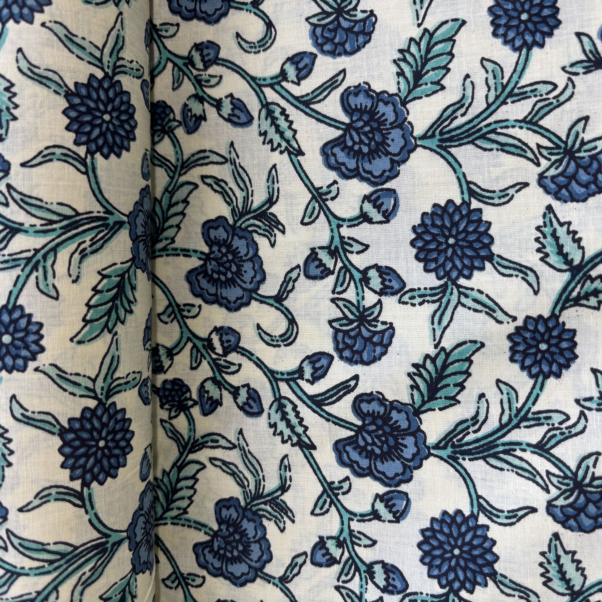 Cream Blue Floral Print Cotton Fabric 16236