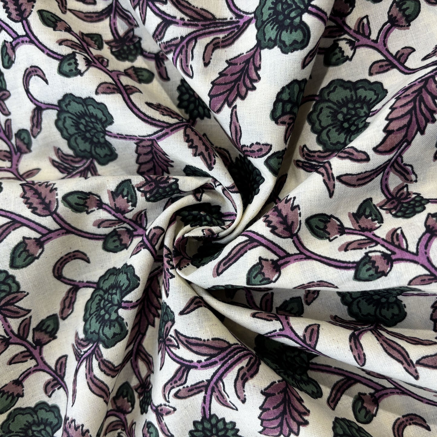 Cream Green Floral Print Cotton Fabric 16235