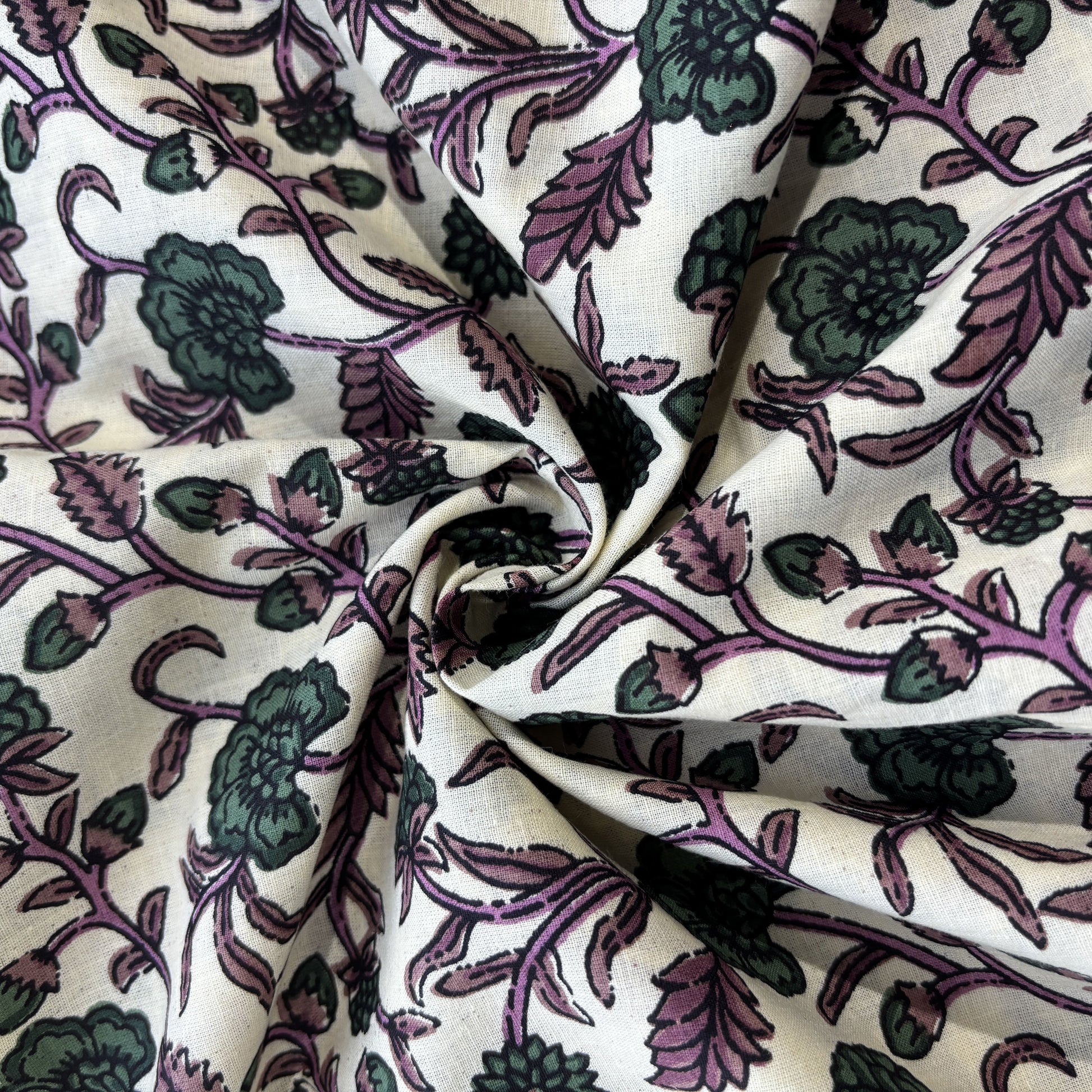 Cream Green Floral Print Cotton Fabric 16235